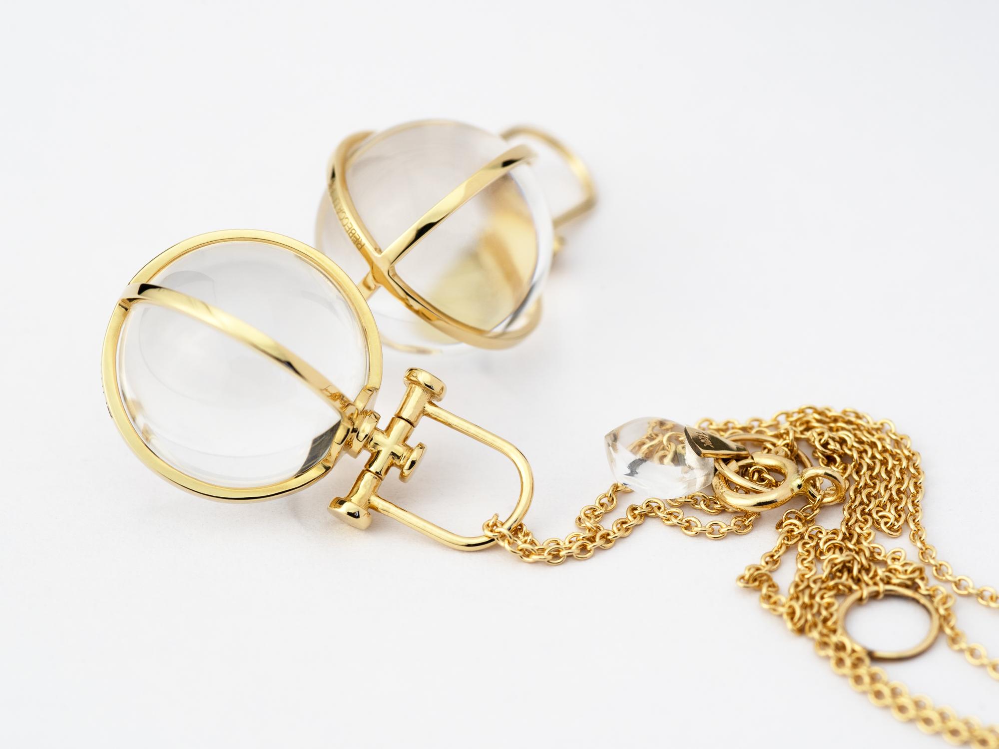 Women's or Men's Minimalism 18k Solid Gold Natural Rock Crystal Orb Talisman Pendant Necklace For Sale