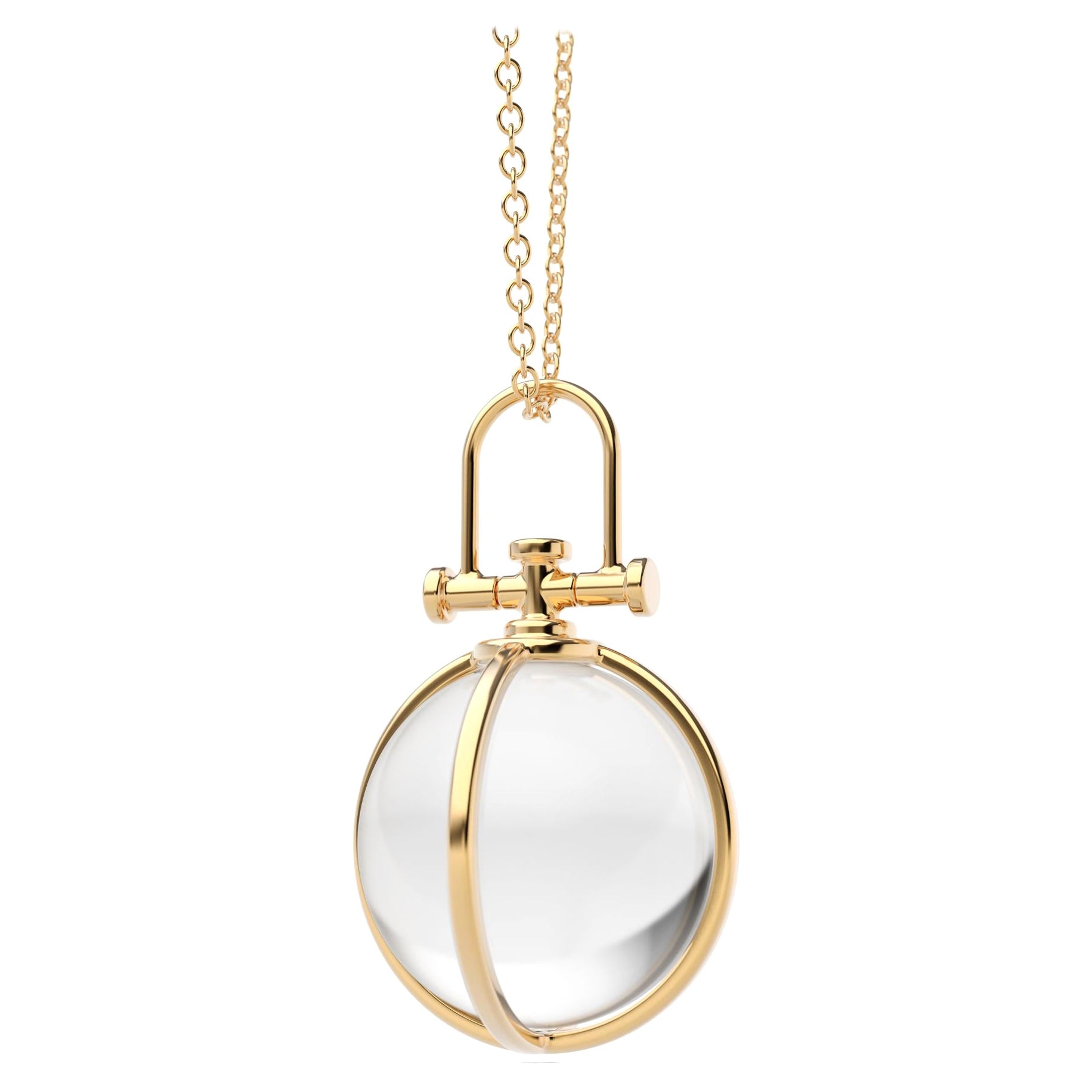Minimalism 18k Solid Gold Natural Rock Crystal Orb Talisman Pendant Necklace For Sale
