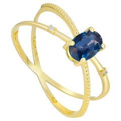 Used  Gold Ring with Sapphire and Diamonds. Blue sapphire ring.!