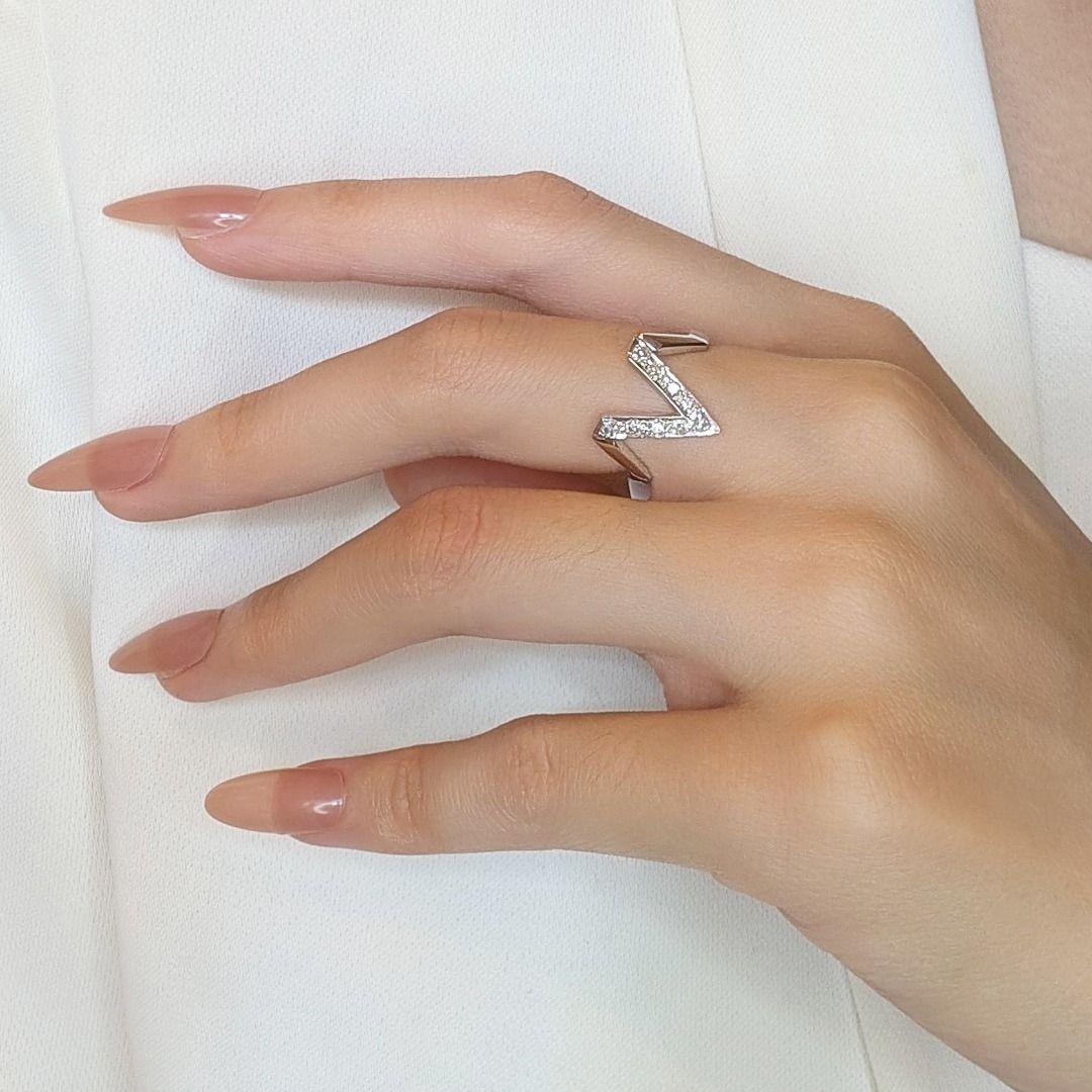 Women's Minimalist 0.13ct Natural Diamonds V-Ring in 14K White Gold For Sale