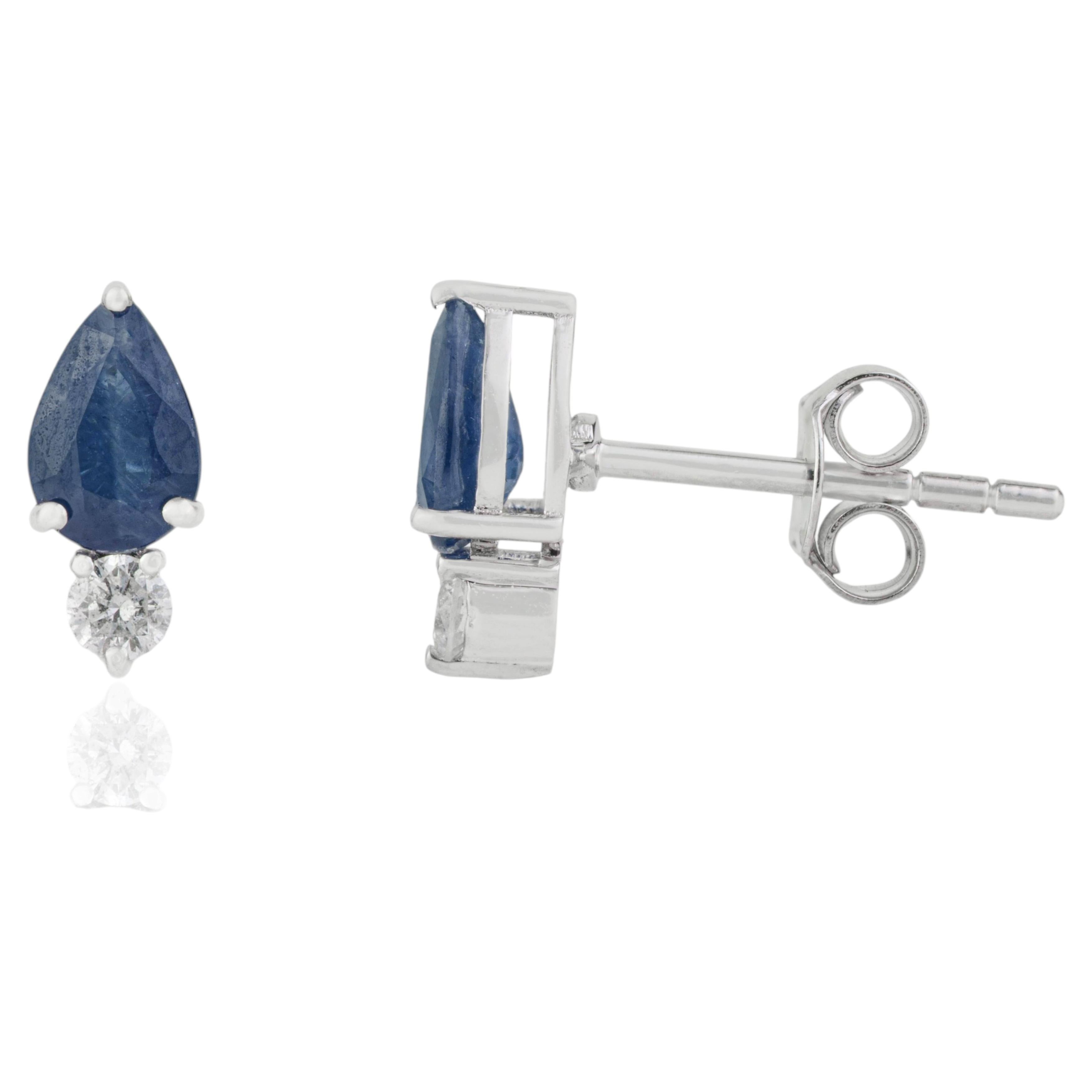 Minimalist 1.08ct Pear-Cut Blue Sapphire & Diamond Stud Earrings 14K White Gold