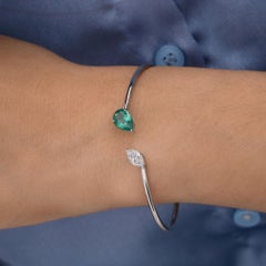Minimalist 1.18Ct Zambian Emerald Diamond Open Cuff Bracelet 18 Karat White Gold