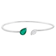 Minimalist 1.18Ct Zambian Emerald Diamond Open Cuff Bracelet 18 Karat White Gold