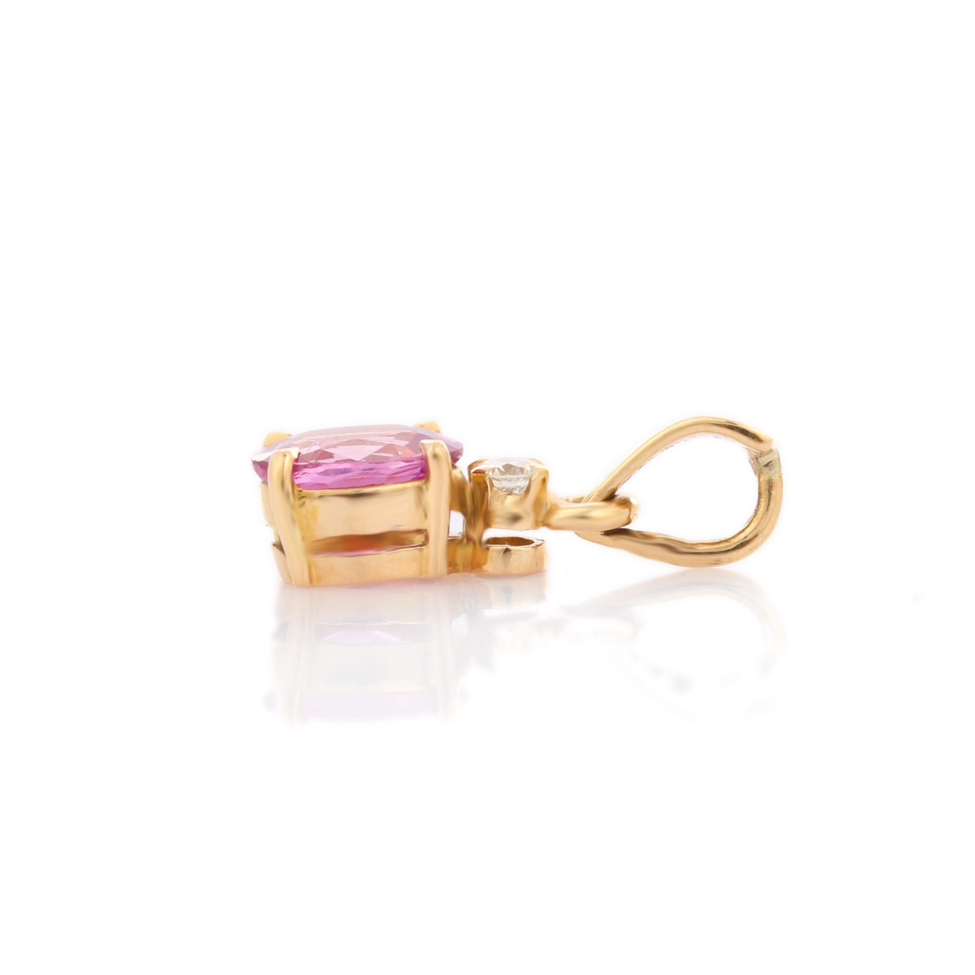Taille ovale Pendentif minimaliste en or jaune 18 carats avec saphir rose ovale de 1,29 carat et diamants en vente
