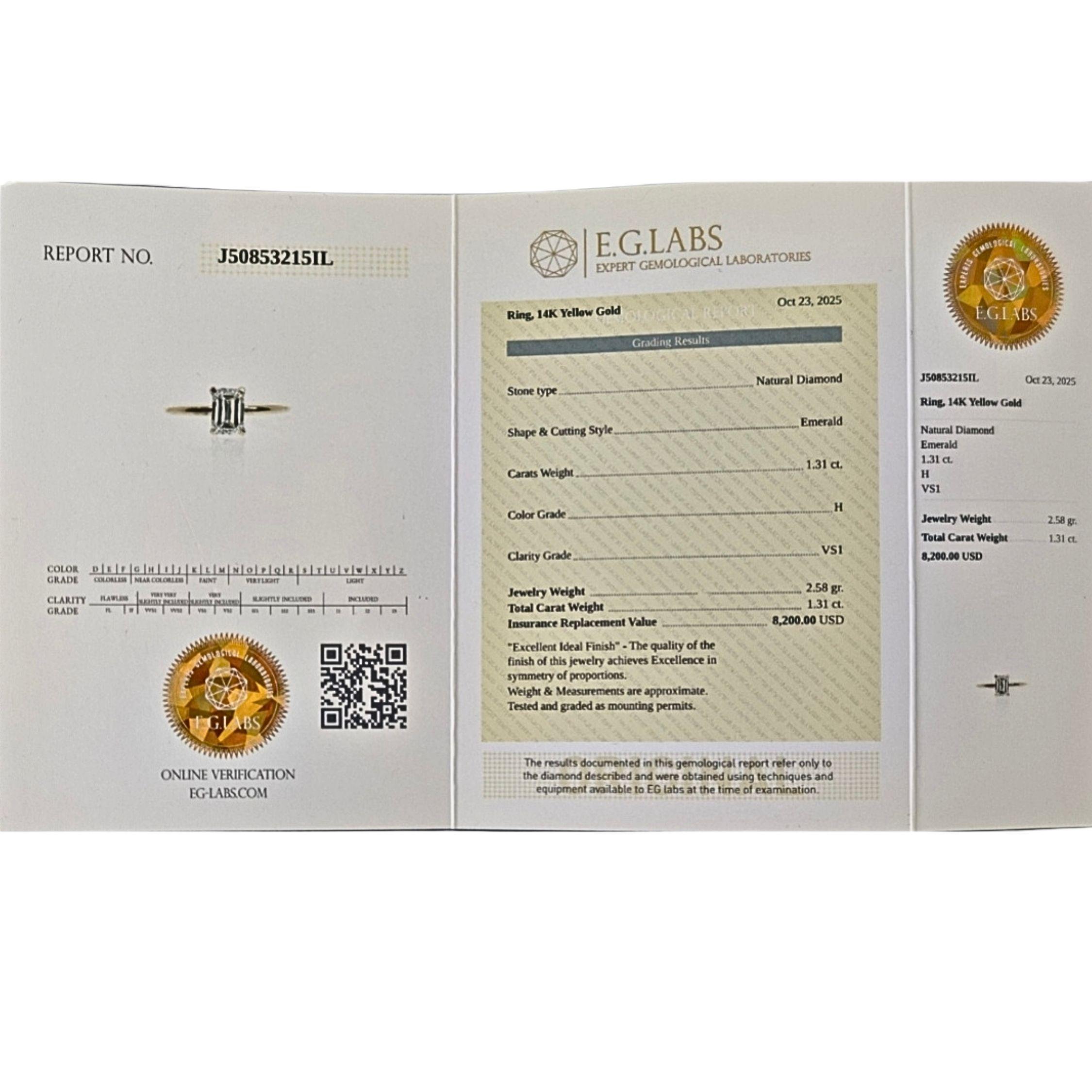 Minimalistischer 1,31ct Smaragd-Schliff Ring mit natürlichem Diamant  H VS1  14K Gelbgold im Angebot 4