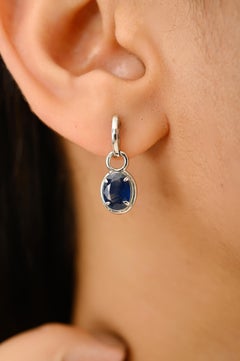 Minimalist 14 Karat White Gold Oval Cut Blue Sapphire Drop Earrings Fine Jewelry