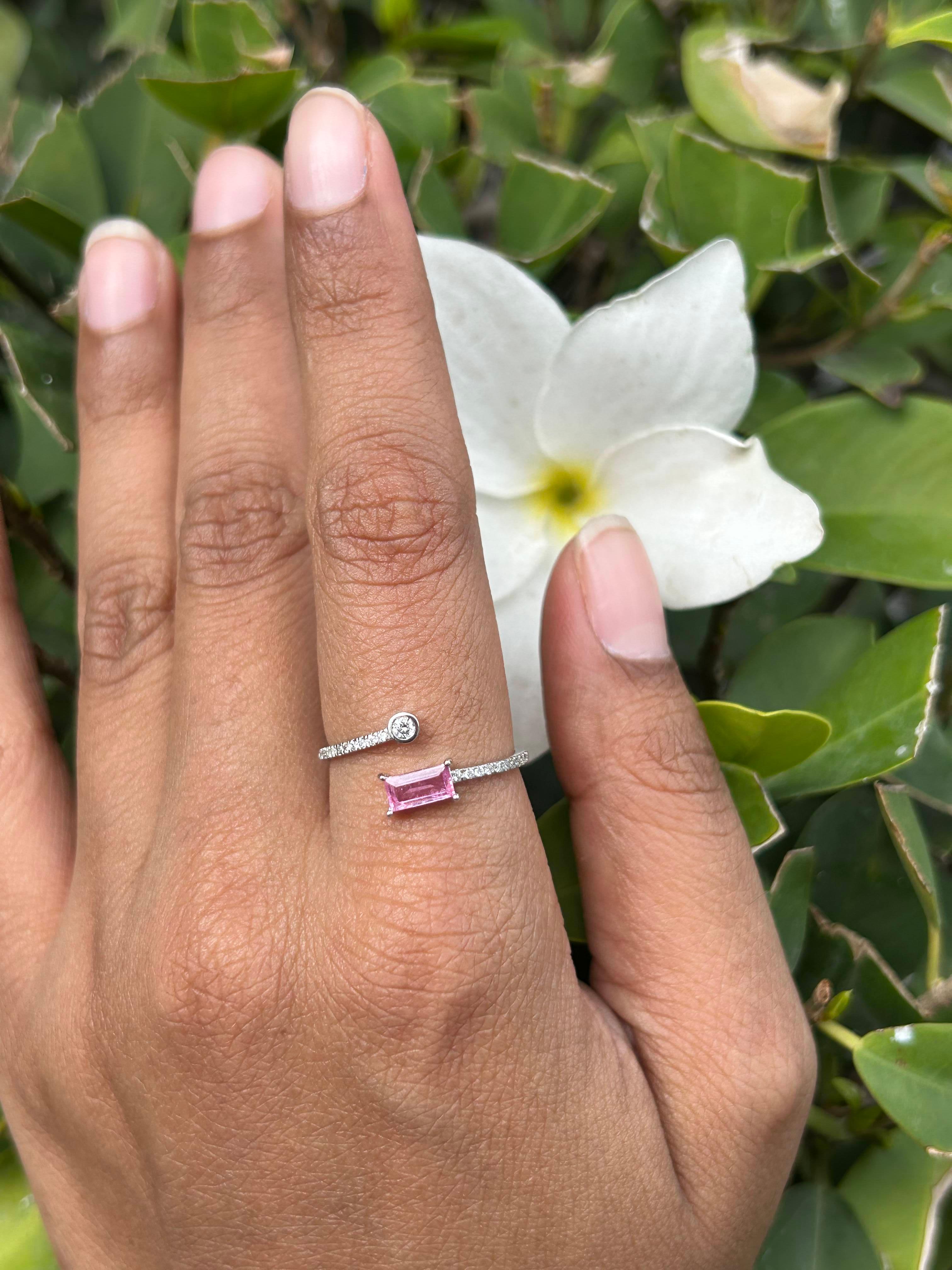 For Sale:  Minimalist Open Ended Ring with Baguette Cut Pink Sapphire and Diamond 10