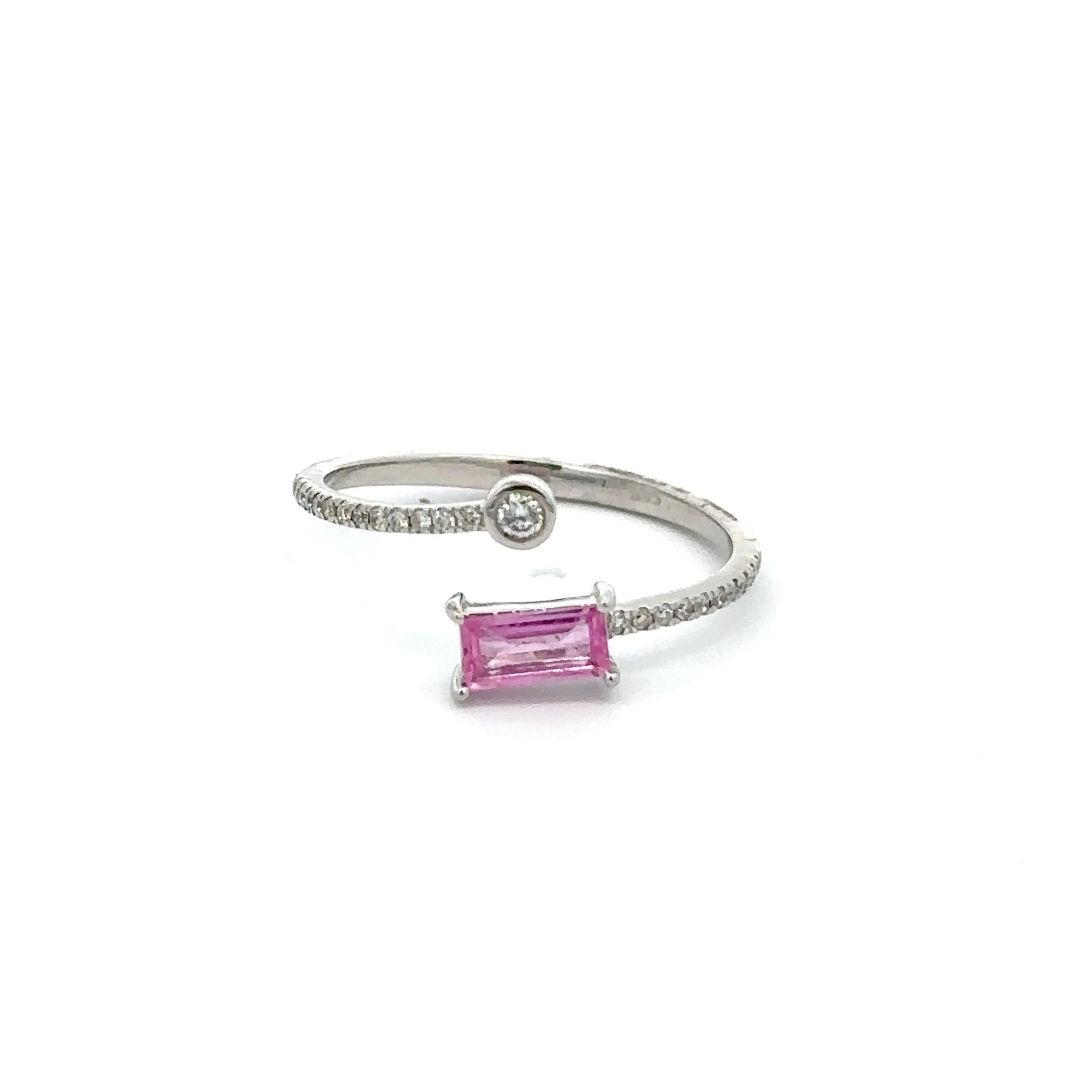For Sale:  Minimalist Open Ended Ring with Baguette Cut Pink Sapphire and Diamond 2