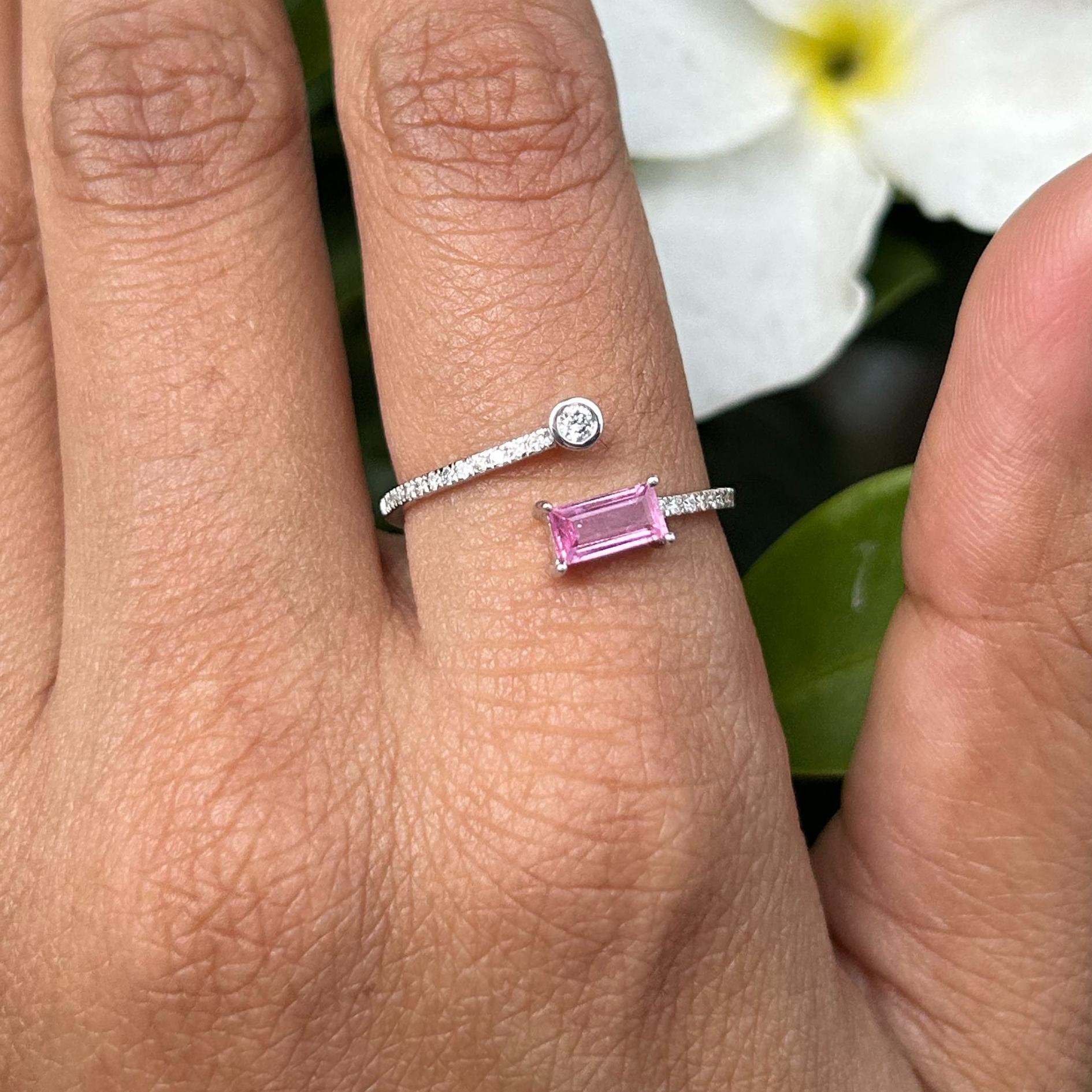 For Sale:  Minimalist Open Ended Ring with Baguette Cut Pink Sapphire and Diamond 3