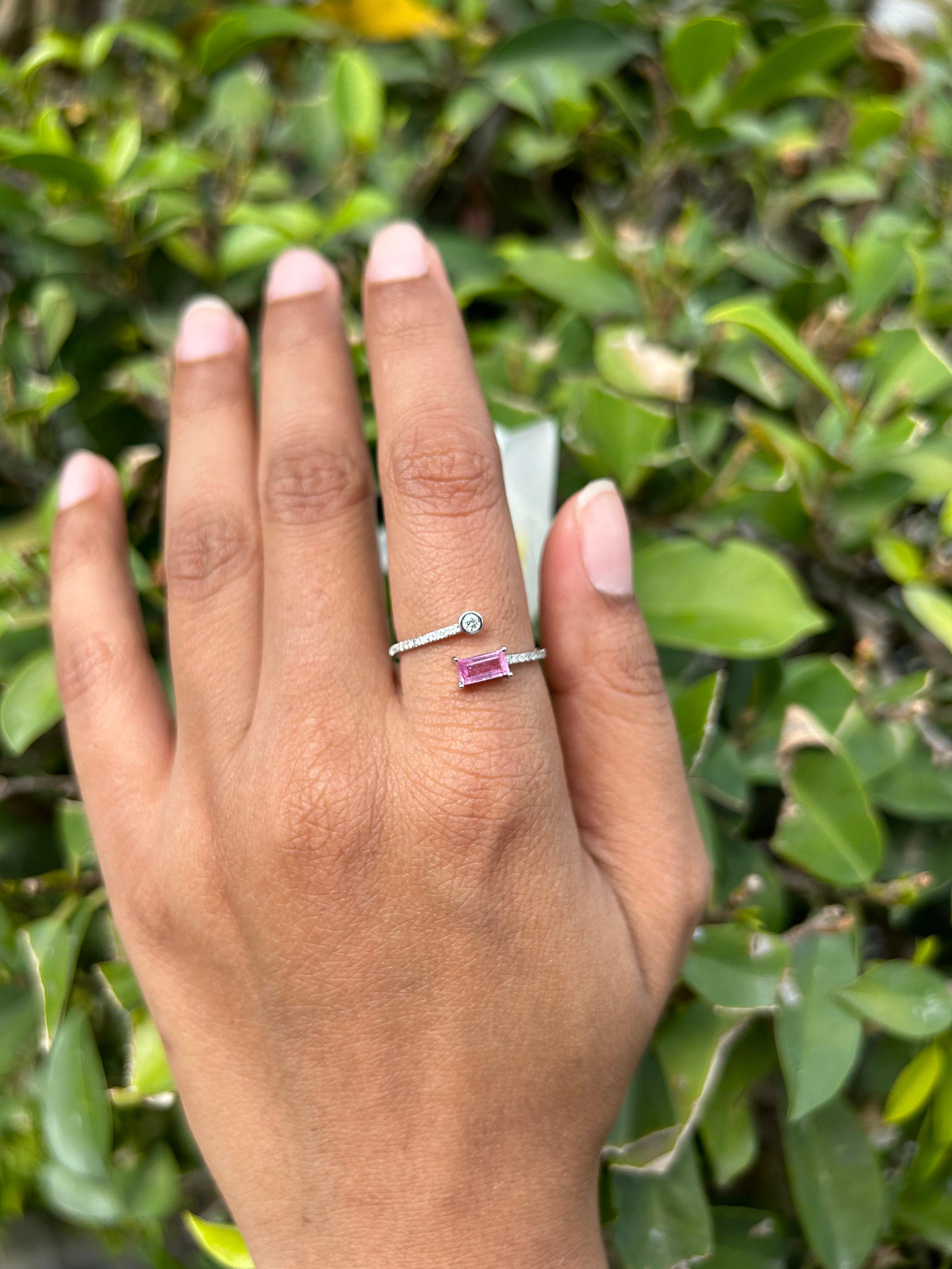 For Sale:  Minimalist Open Ended Ring with Baguette Cut Pink Sapphire and Diamond 5