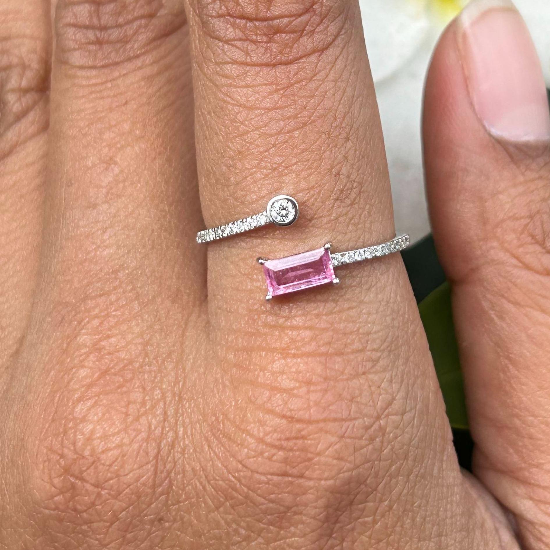For Sale:  Minimalist Open Ended Ring with Baguette Cut Pink Sapphire and Diamond 7
