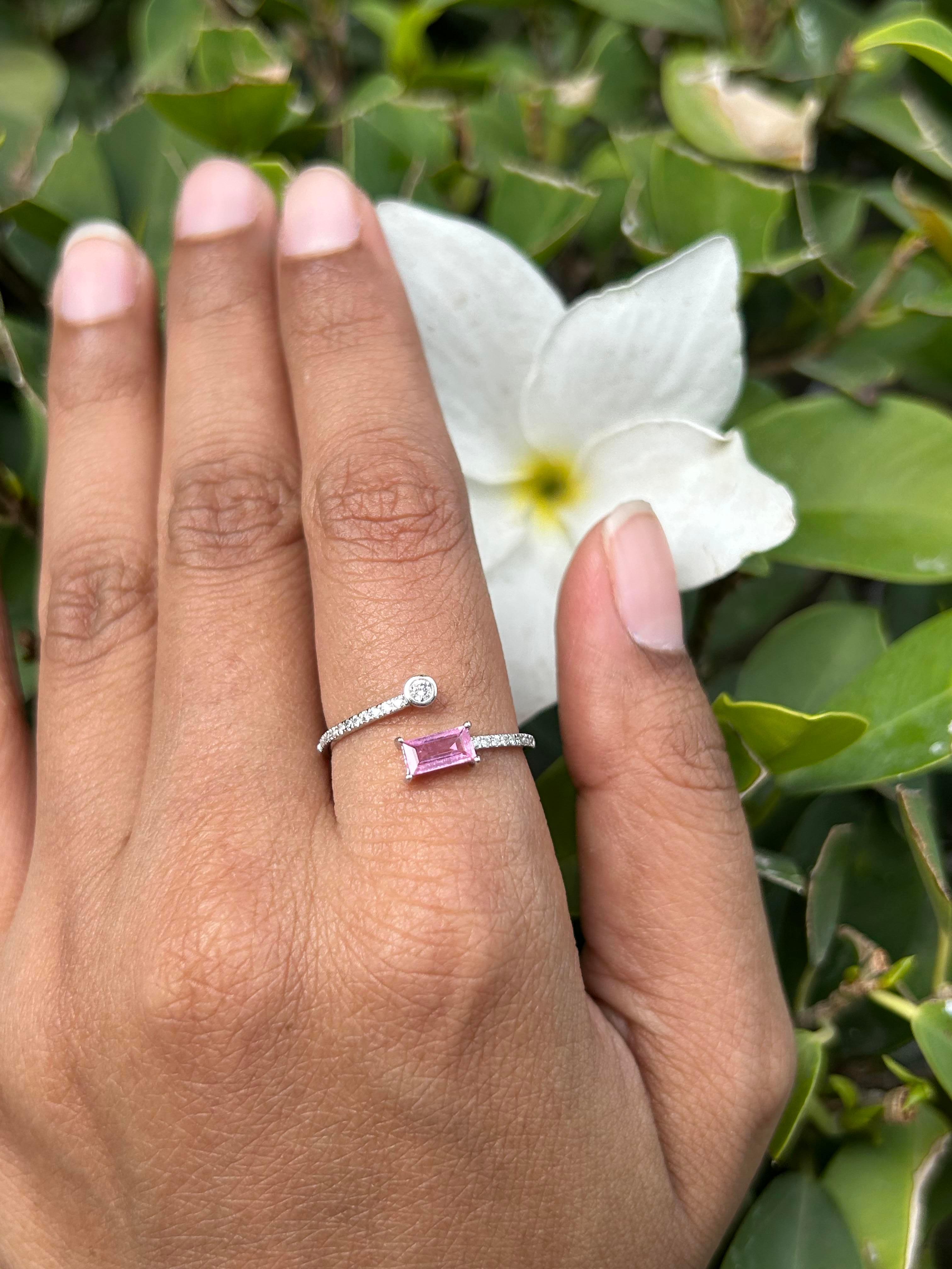 For Sale:  Minimalist Open Ended Ring with Baguette Cut Pink Sapphire and Diamond 9