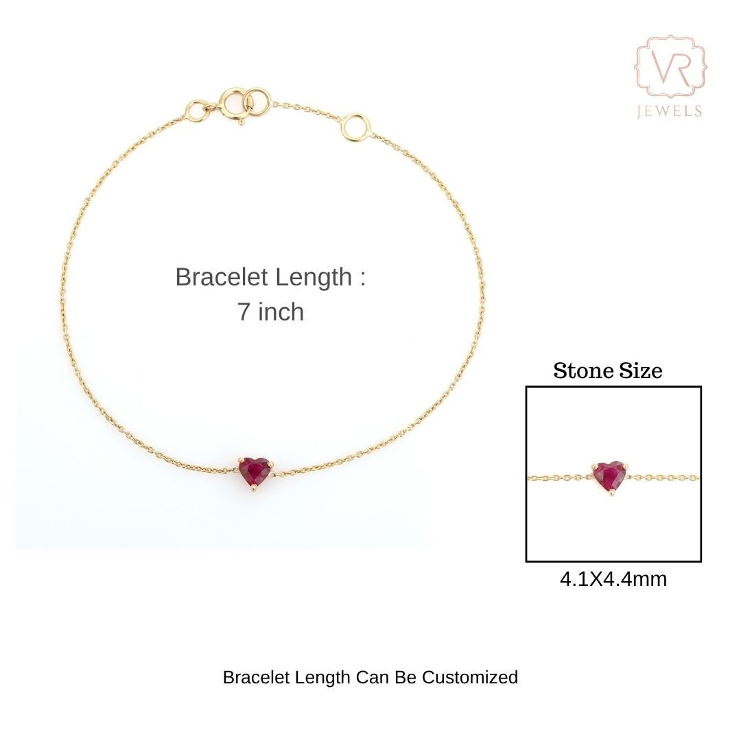 Minimalist 14K Solid Yellow Gold Heart-Shaped Natural Ruby Dainty Chain Bracelet en venta 4