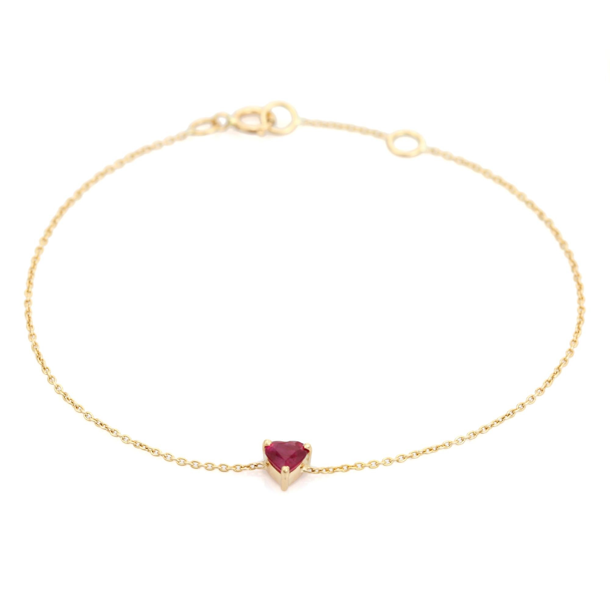 Minimalist 14K Solid Yellow Gold Heart-Shaped Natural Ruby Dainty Chain Bracelet Moderno en venta