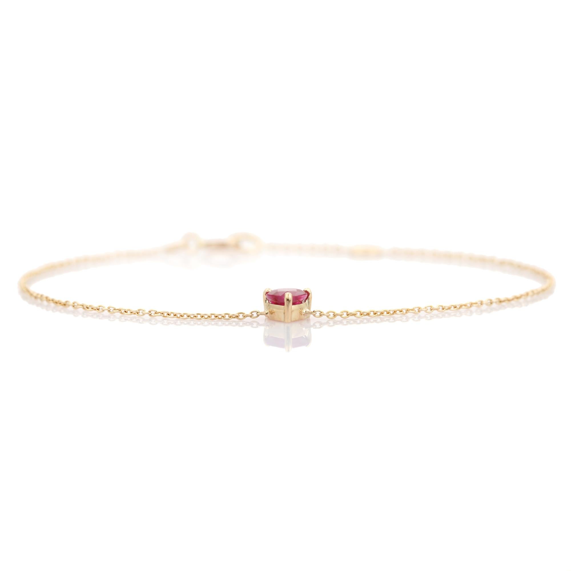 Minimalist 14K Solid Yellow Gold Heart-Shaped Natural Ruby Dainty Chain Bracelet en Nuevo estado para la venta en New York, NY