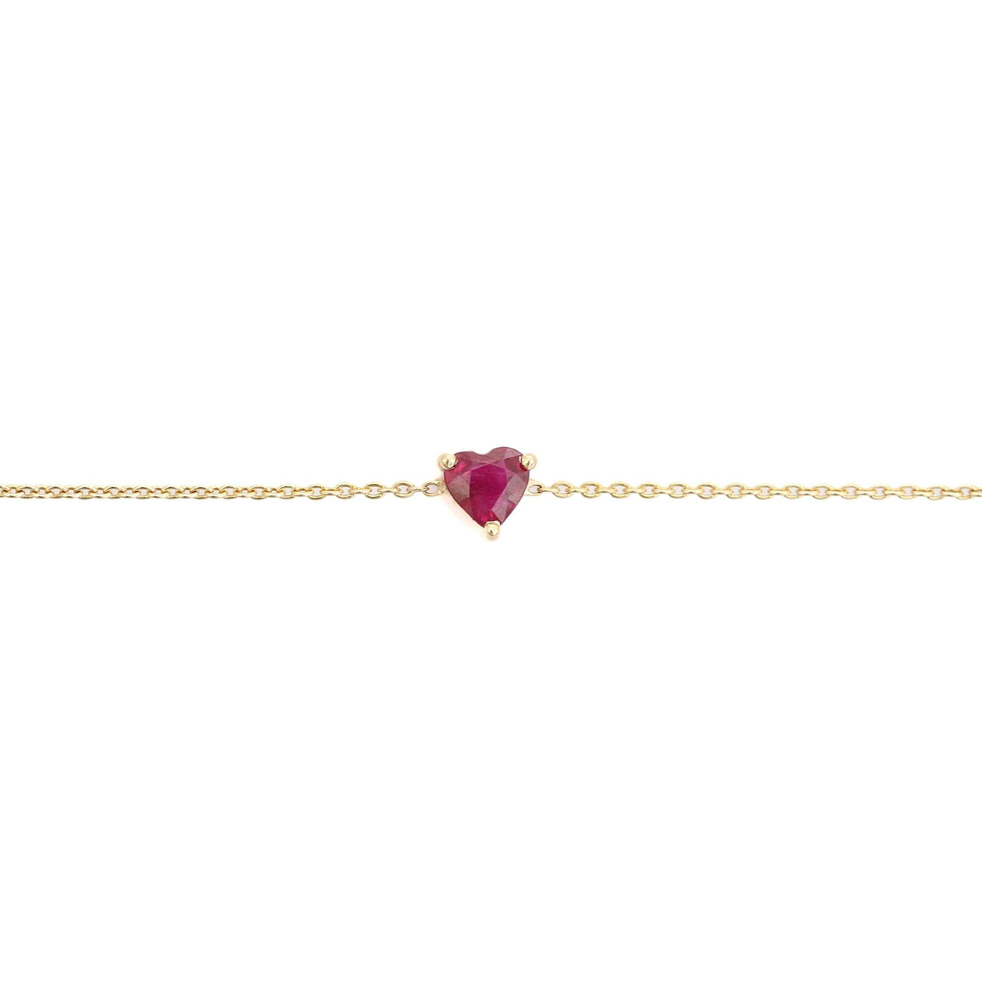 Minimalist 14K Solid Yellow Gold Heart-Shaped Natural Ruby Dainty Chain Bracelet en venta 1