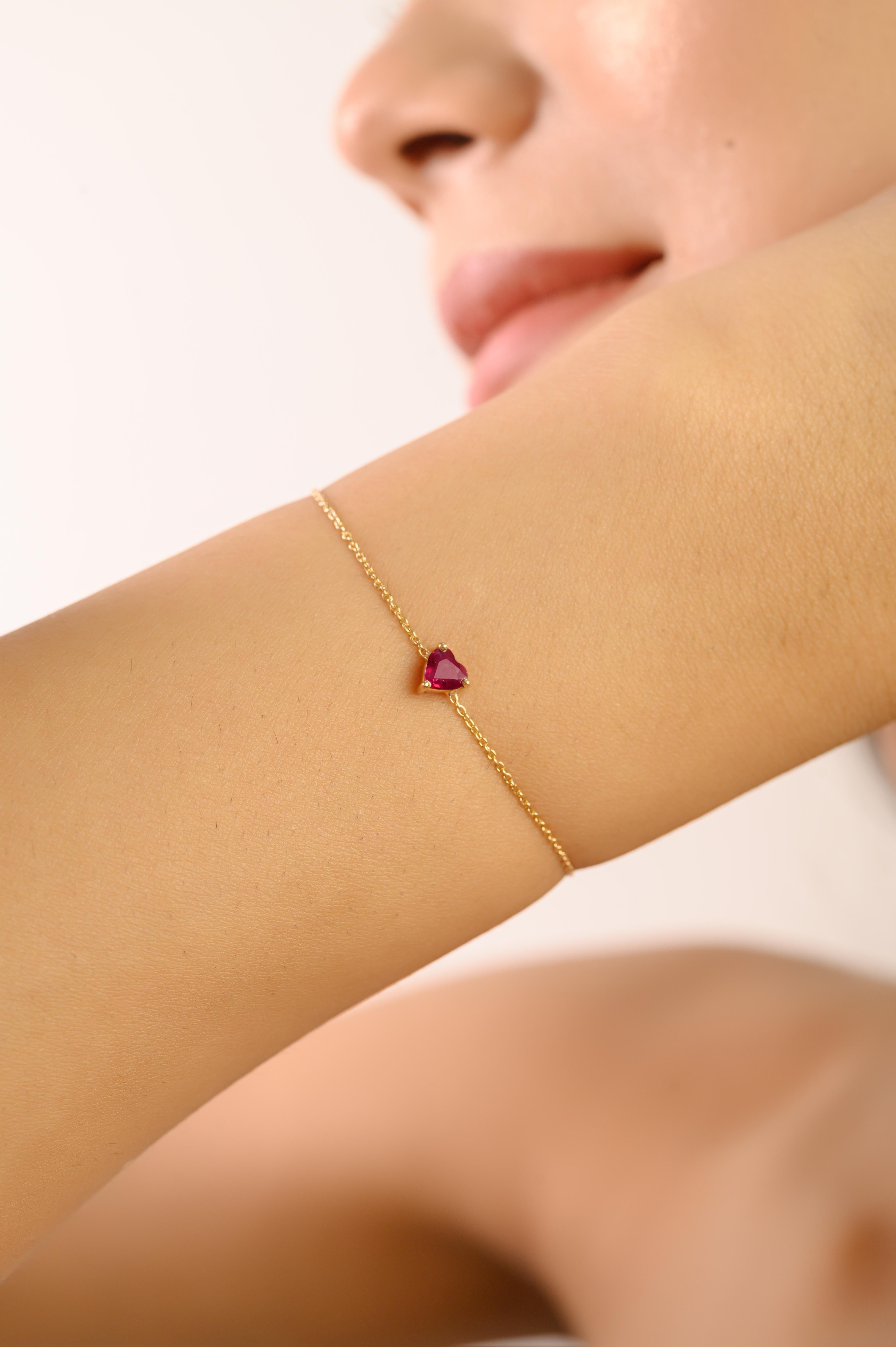 Minimalist 14K Solid Yellow Gold Heart-Shaped Natural Ruby Dainty Chain Bracelet en venta 2