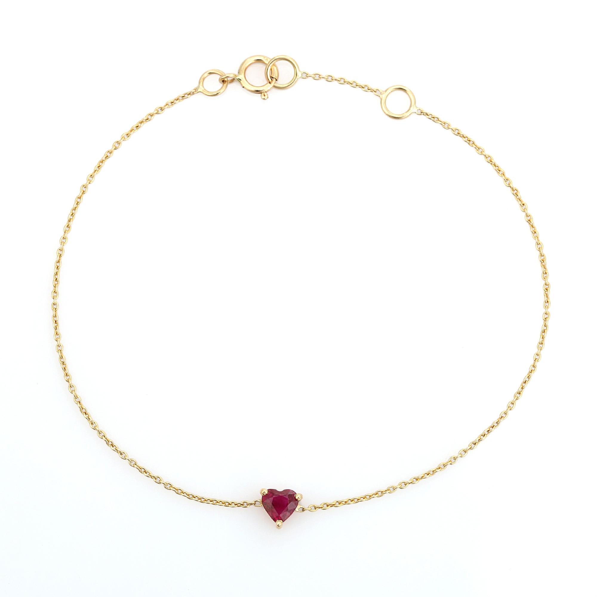 Minimalist 14K Solid Yellow Gold Heart-Shaped Natural Ruby Dainty Chain Bracelet en venta 3