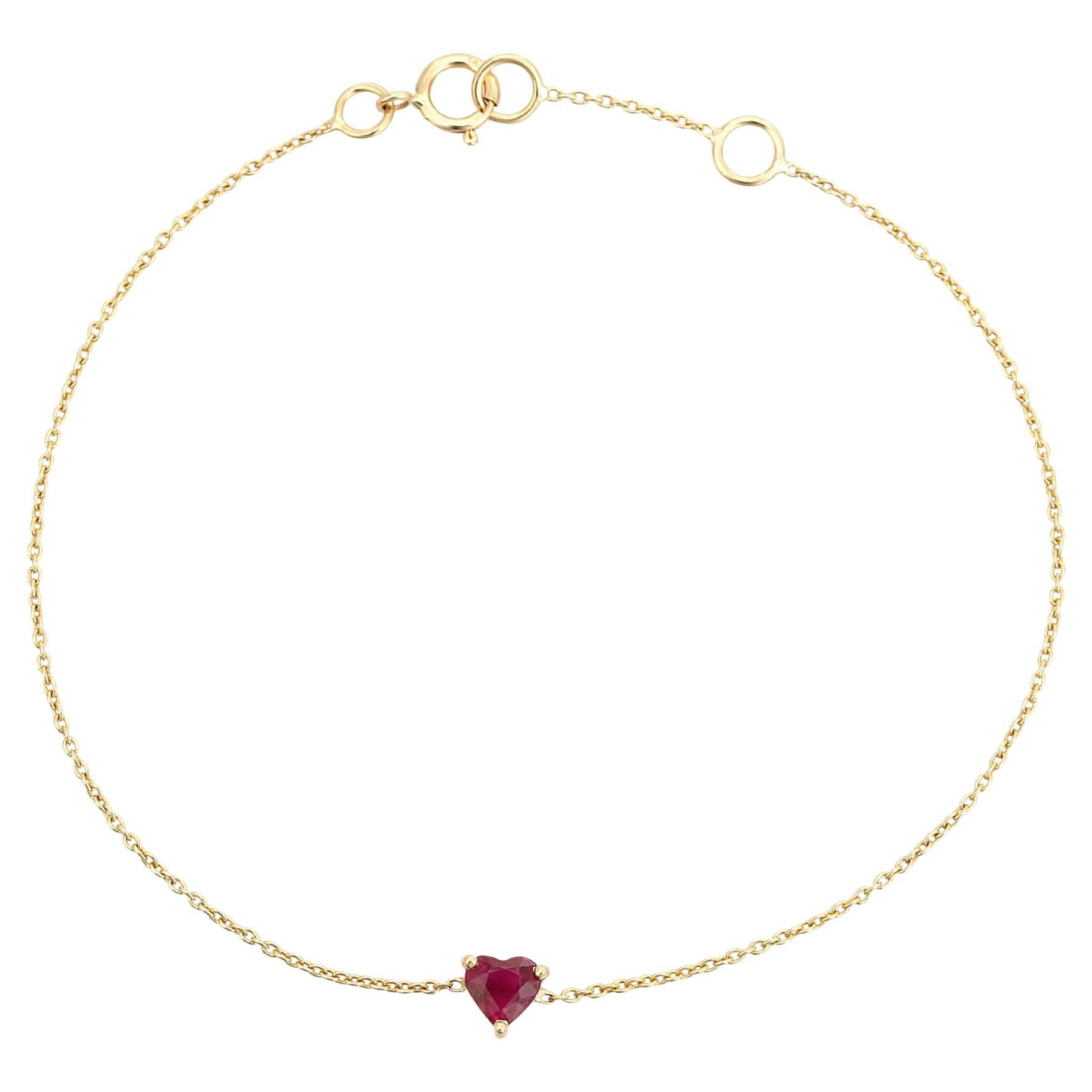 Minimalist 14K Solid Yellow Gold Heart-Shaped Natural Ruby Dainty Chain Bracelet