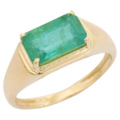 Minimalist 14K Solid Yellow Gold Octagon Cut Emerald Signet Ring Fine Jewelry