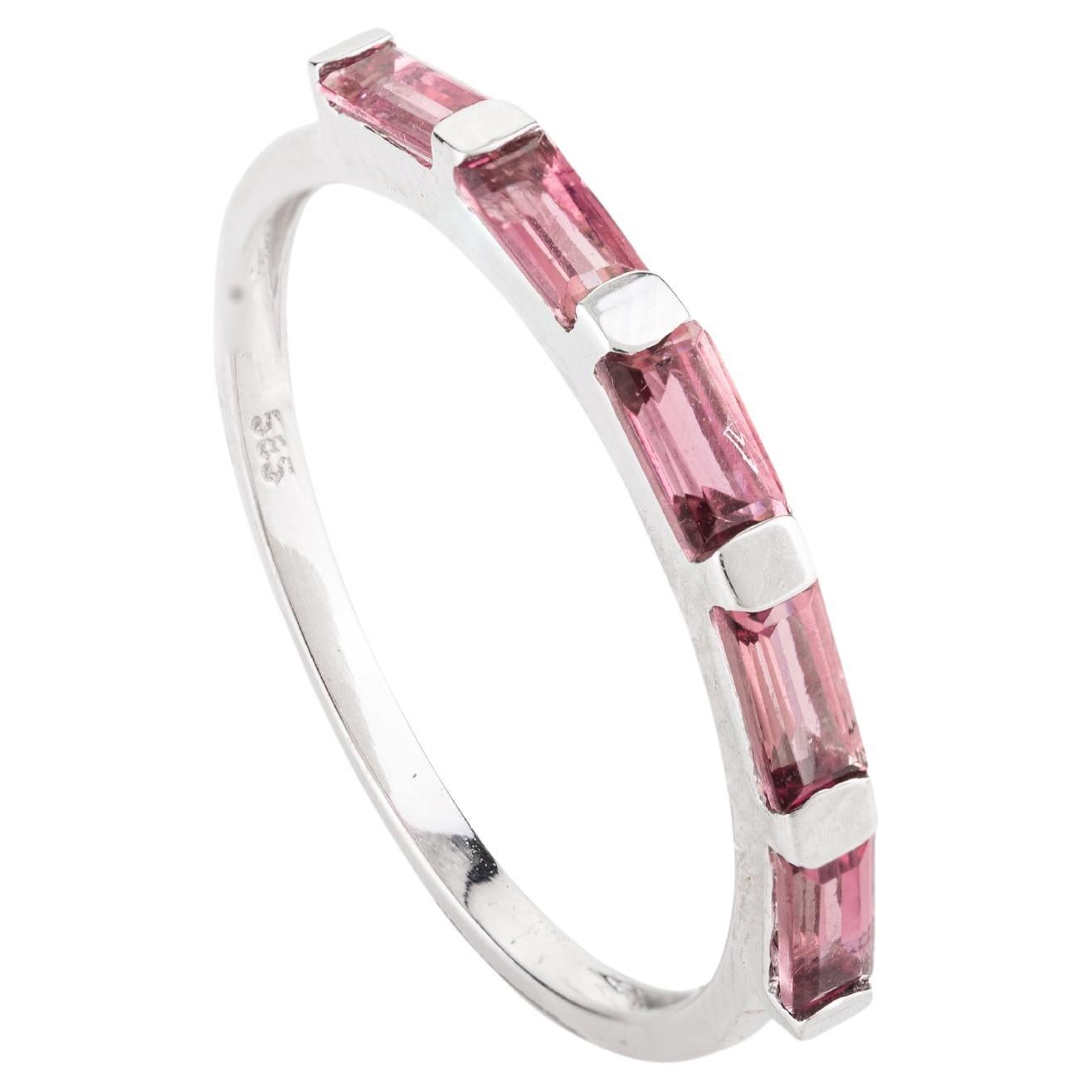 Minimalist 14k Solid White Gold Tourmaline Half Band Ring for Her