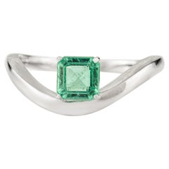 Minimalist 14K White Gold Square-Cut Emerald Wave Solitaire Ring Christmas Gift