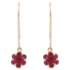 Minimalist 14K Yellow Gold Cluster Ruby Flower Hanging Hook Earrings