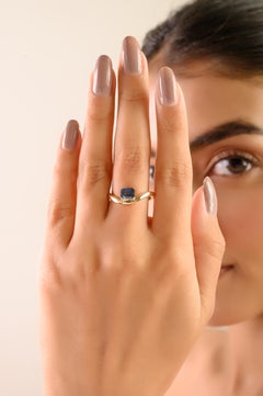 Minimalist 14K Yellow Gold Emerald-Cut Blue Sapphire Wave Band Ring Gift for Her