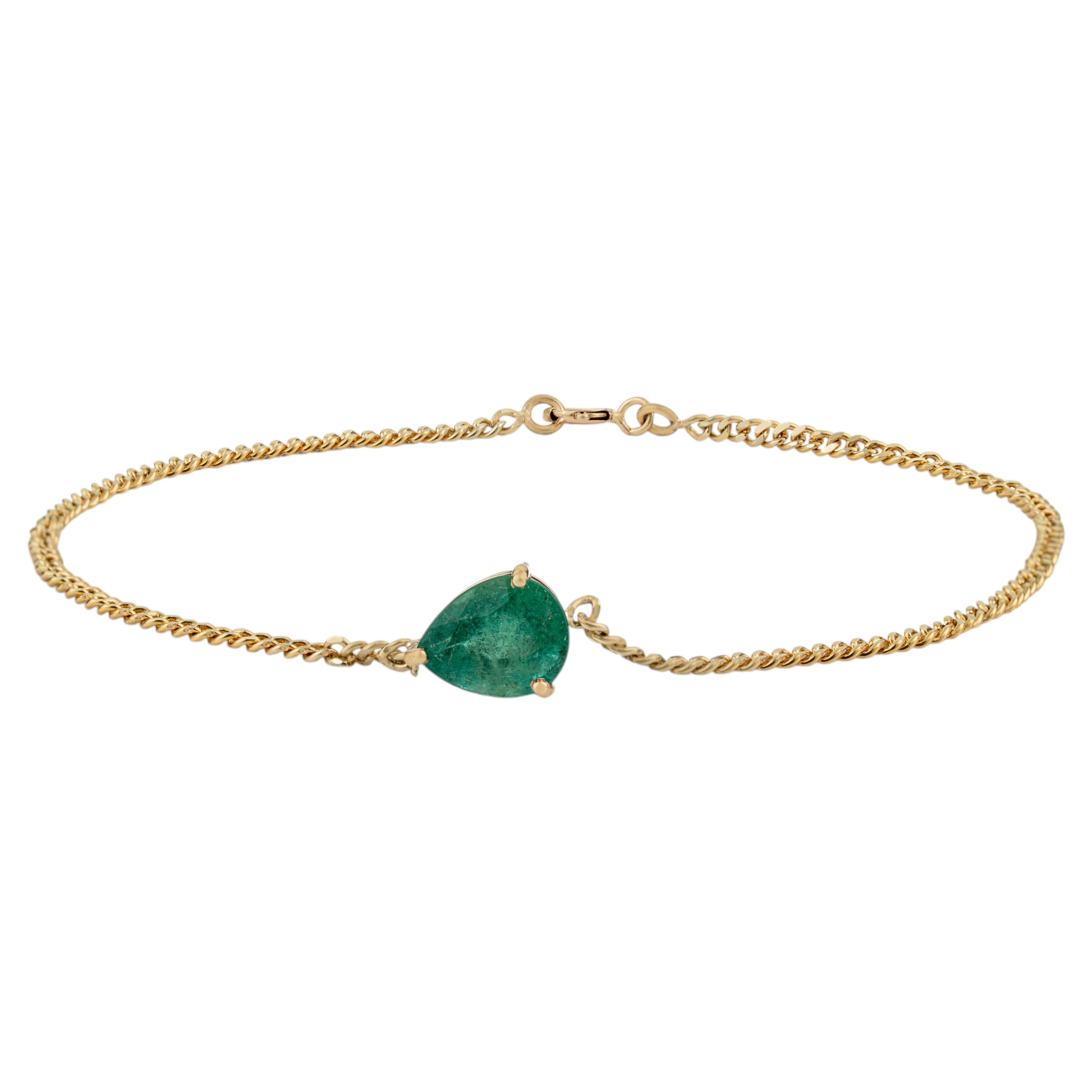 Minimalist 14K Yellow Gold Emerald Pear Cut Curb Chain Bracelet 1.85Ct