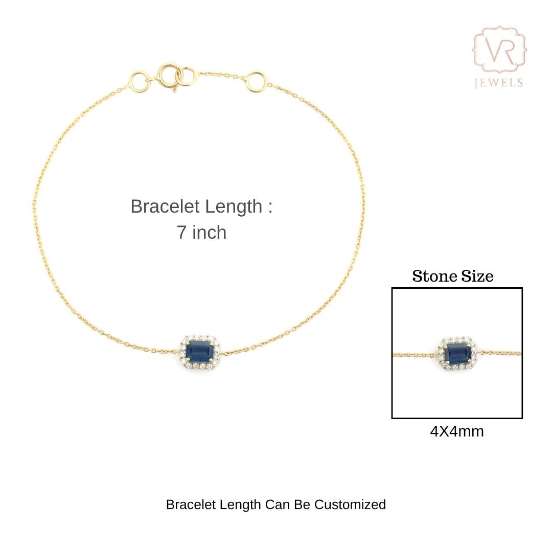 Pulsera minimalista de oro amarillo de 14 quilates con cadena octogonal de zafiro azul y halo de diamantes en venta 8