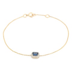 Bracelet minimaliste en or jaune 14K, saphir bleu octogonal et diamant en halo