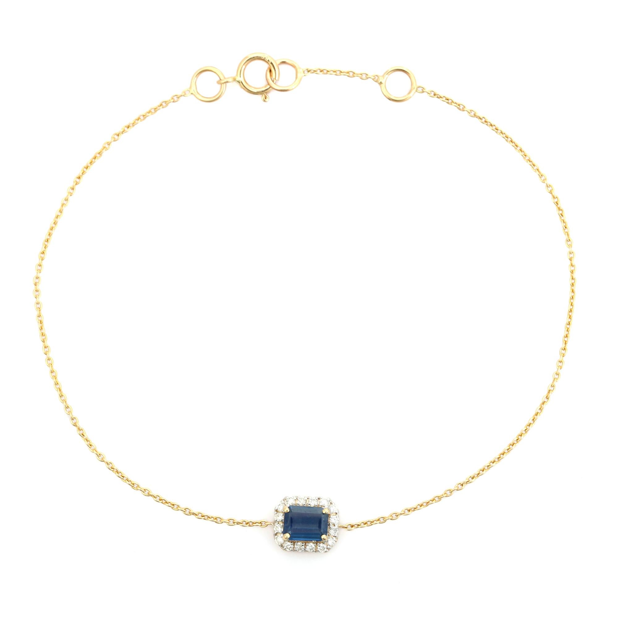 Pulsera minimalista de oro amarillo de 14 quilates con cadena octogonal de zafiro azul y halo de diamantes en Nuevo estado para la venta en New York, NY