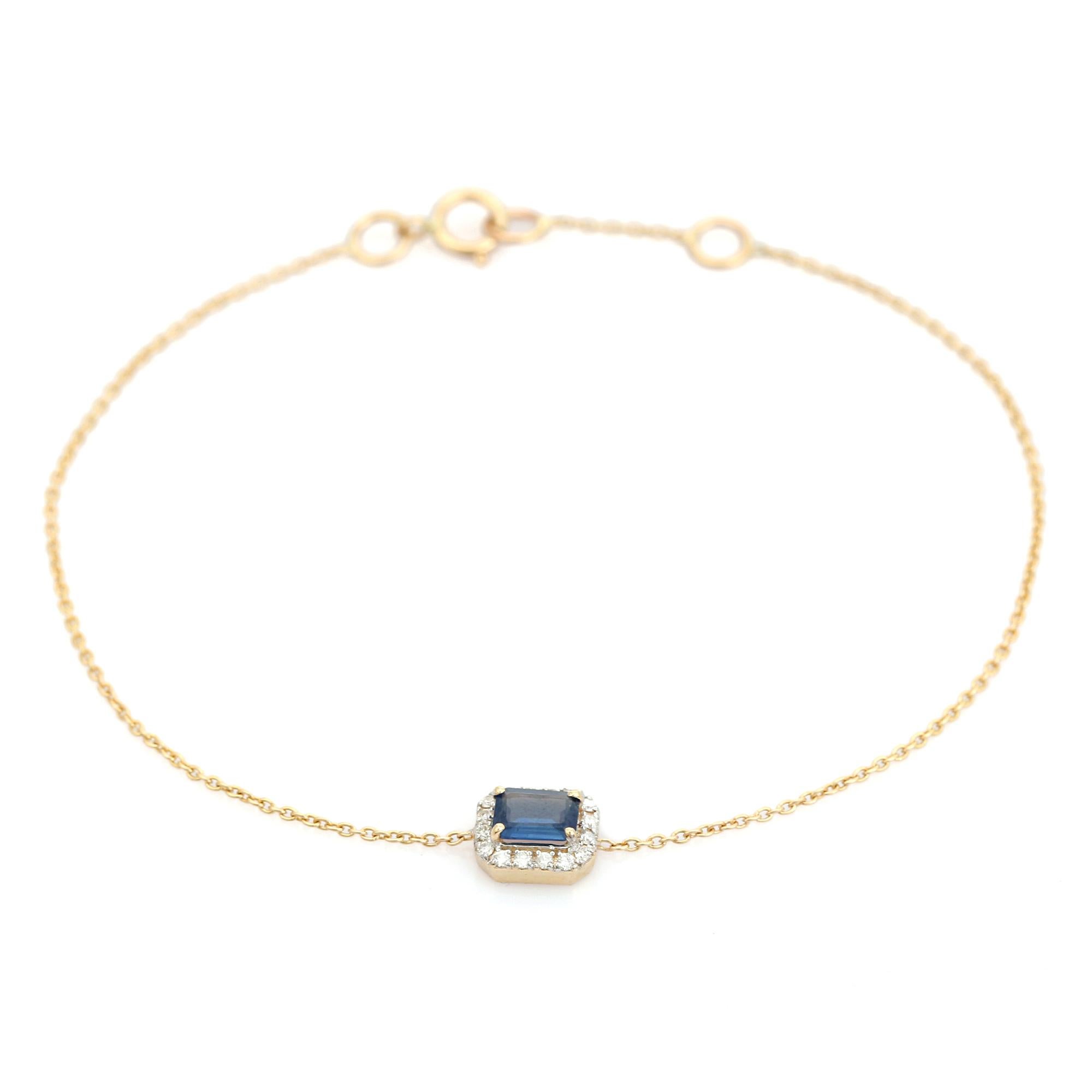 Minimalist 14K Yellow Gold Octagon Blue Sapphire & Halo Diamond Chain Bracelet
