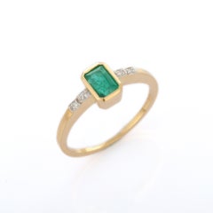 18K Yellow Gold Octagon Cut Emerald and Diamond Stackable Ring, Gift for Her