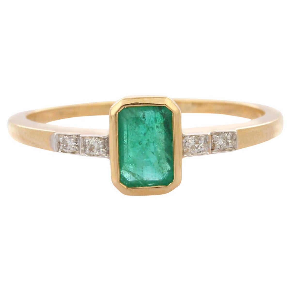 For Sale:  18K Yellow Gold Octagon Cut Emerald and Diamond Stackable Ring, Gift for Her