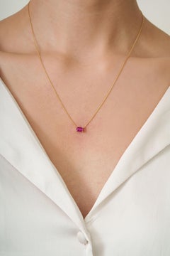 Minimalist 18K Yellow Gold Emerald Cut Ruby Solitaire Pendant Necklace 18 Inches