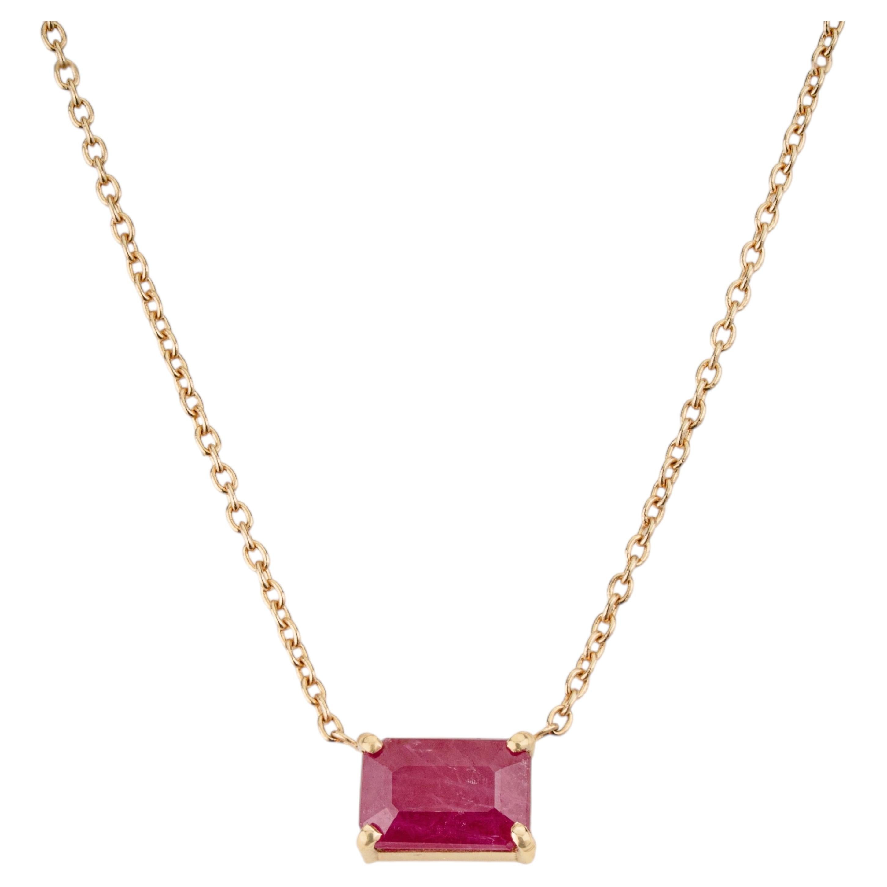 Minimalist 18K Yellow Gold Emerald Cut Ruby Solitaire Pendant Necklace 18 Inches
