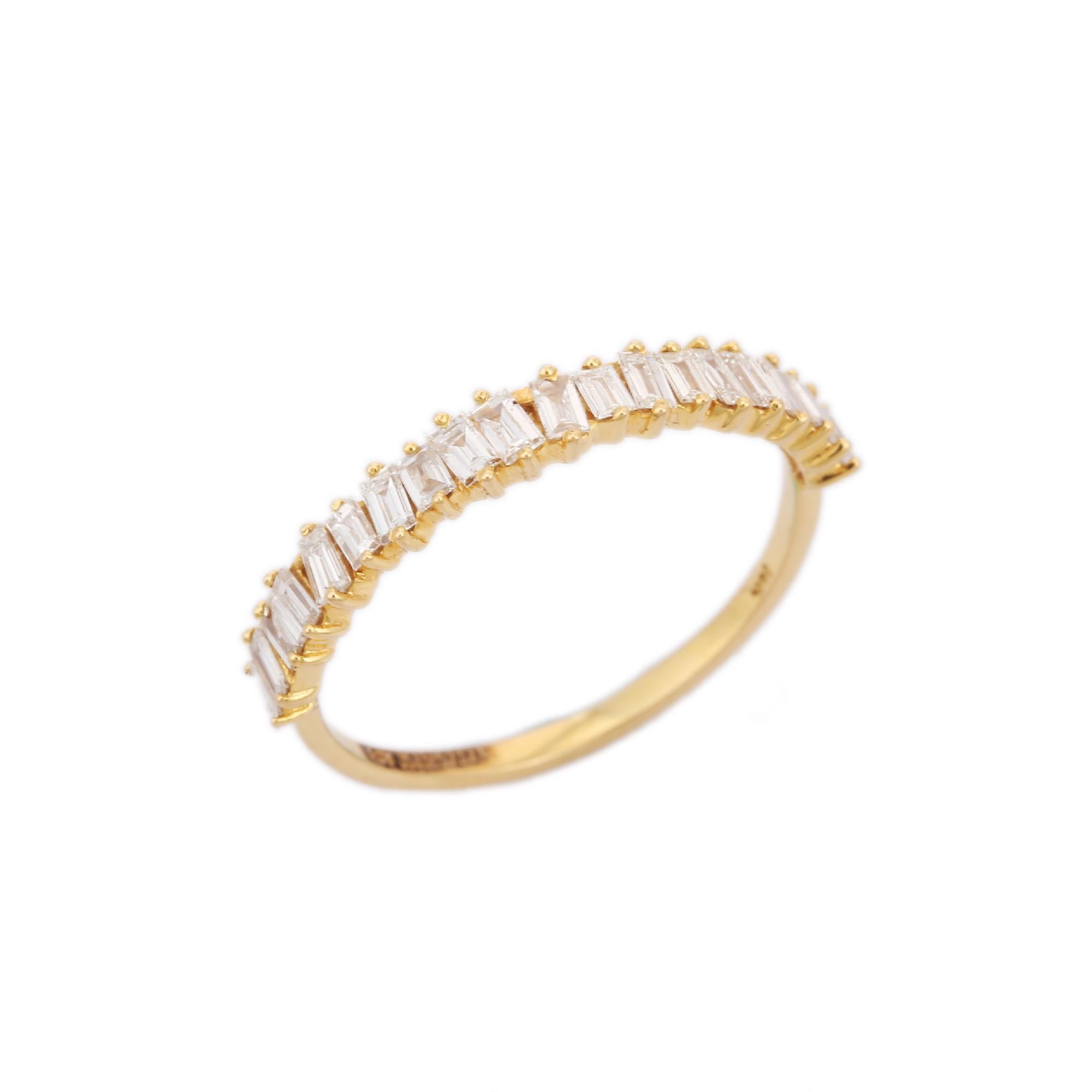For Sale:  Minimalist Baguette Diamond Band Ring 18K Yellow Gold Stackable Engagement Band 4