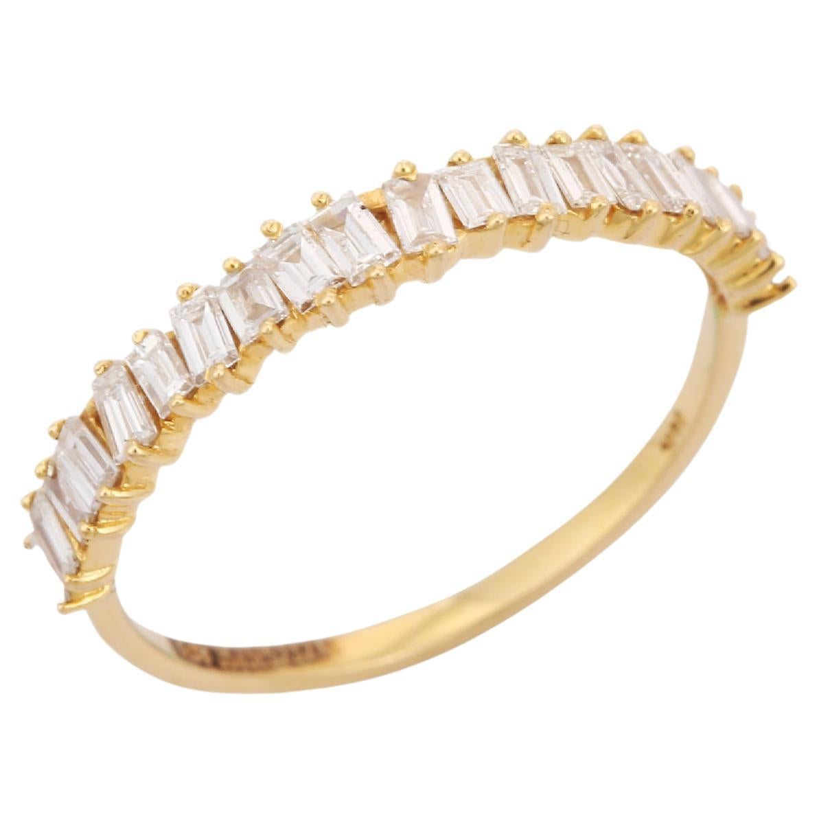 For Sale:  Minimalist Baguette Diamond Band Ring 18K Yellow Gold Stackable Engagement Band