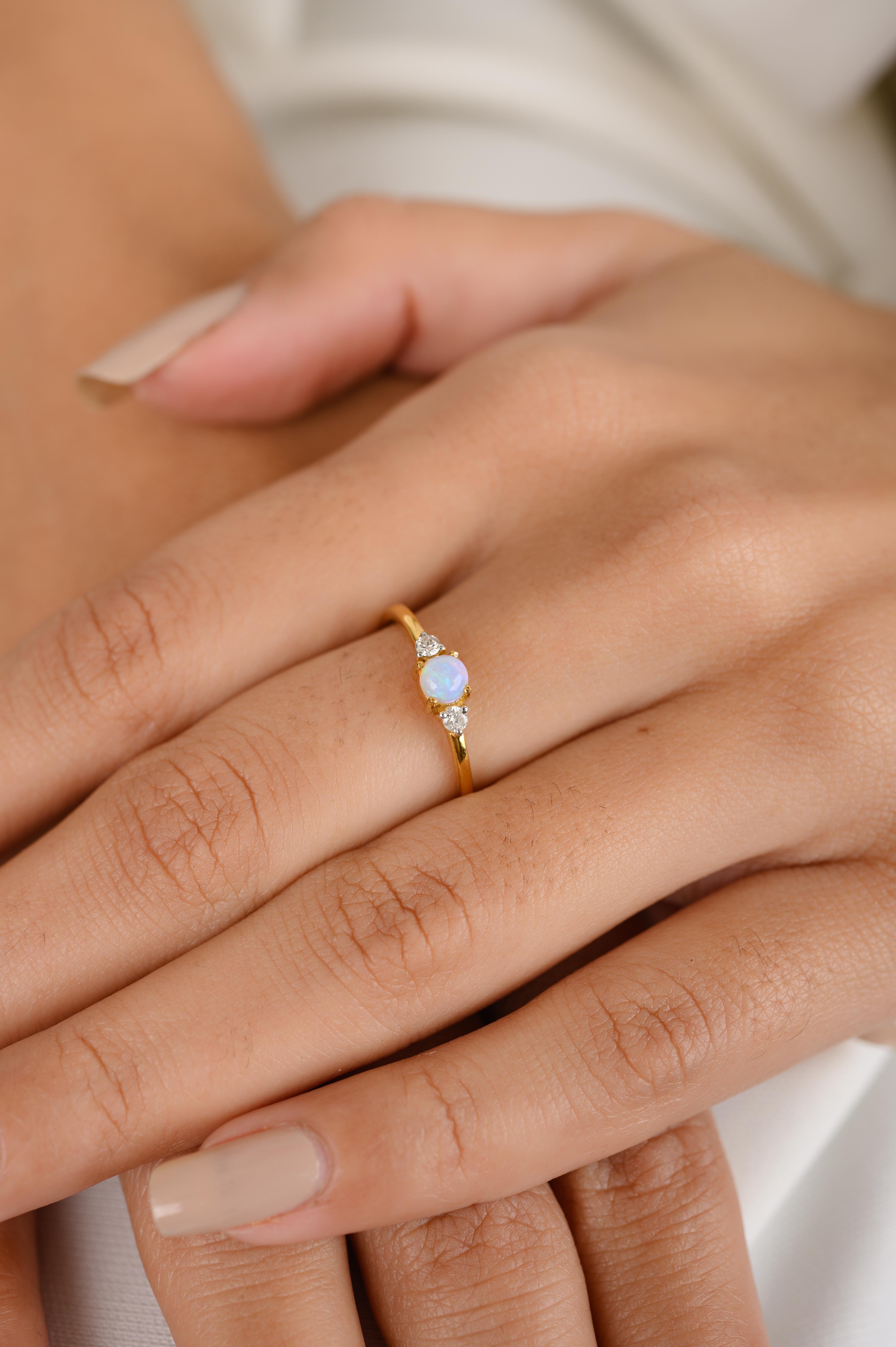 For Sale:  Minimal 18k Yellow Gold Opal Diamond Everyday Stackable Ring Gift 6