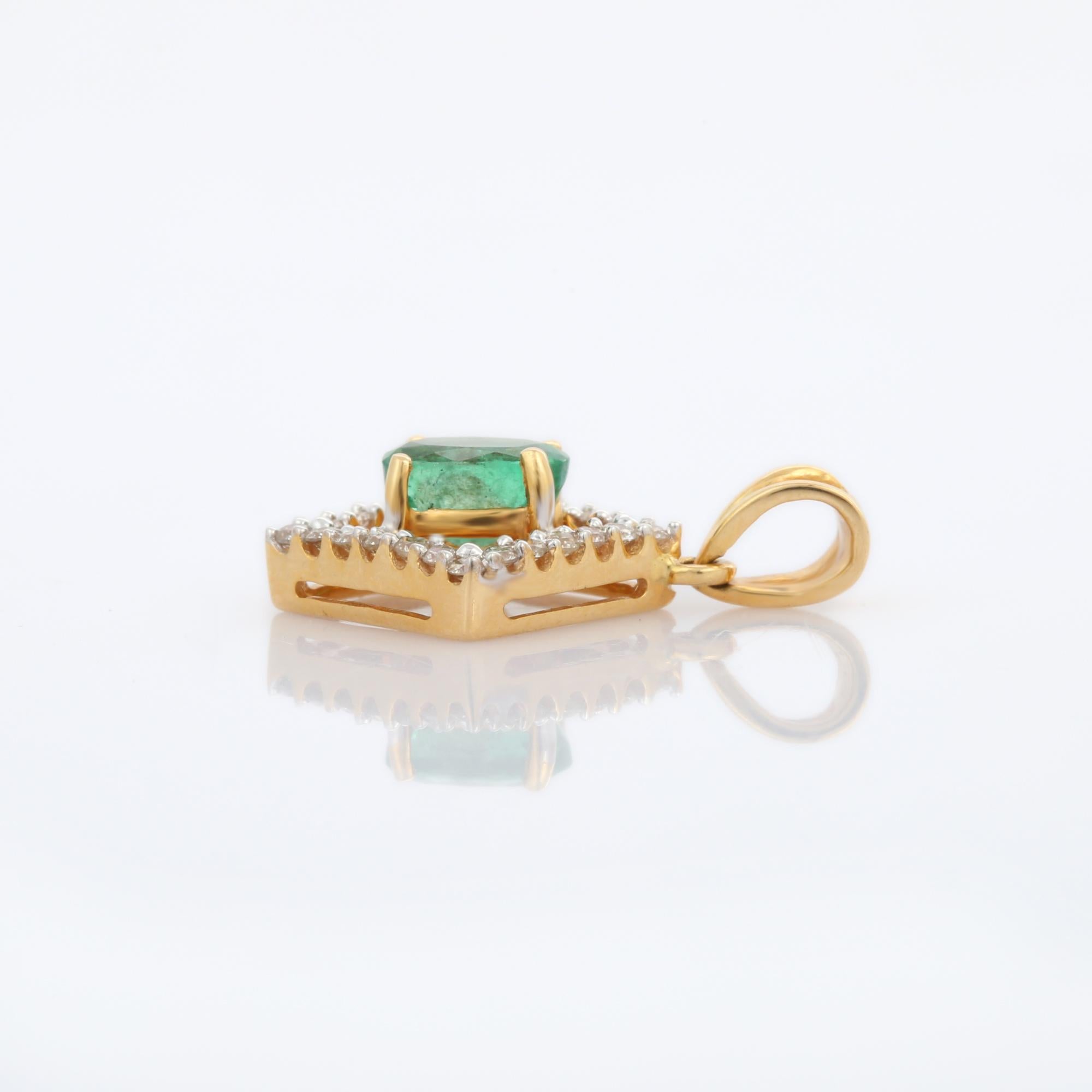 Modern Minimalist 18K Yellow Gold Prong Set Emerald Pendant with Diamonds For Sale