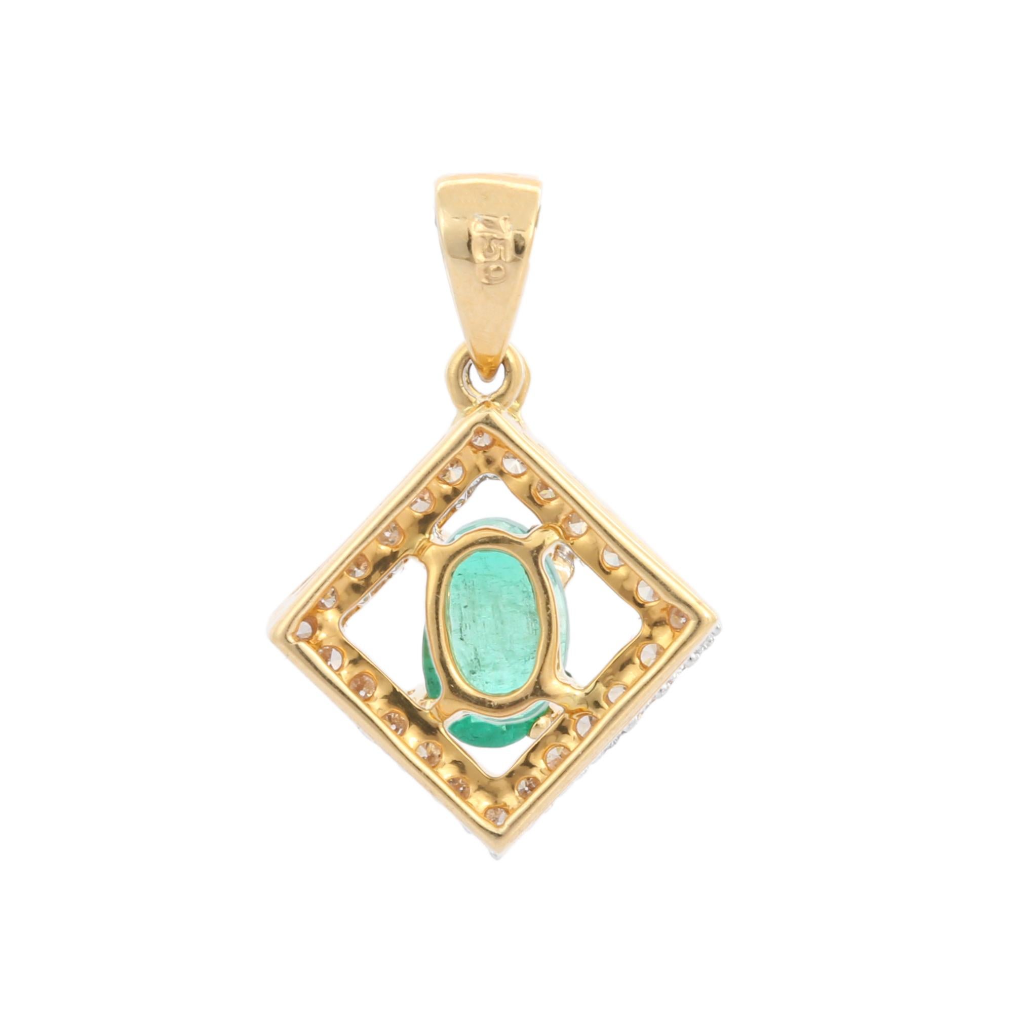 Oval Cut Minimalist 18K Yellow Gold Prong Set Emerald Pendant with Diamonds For Sale