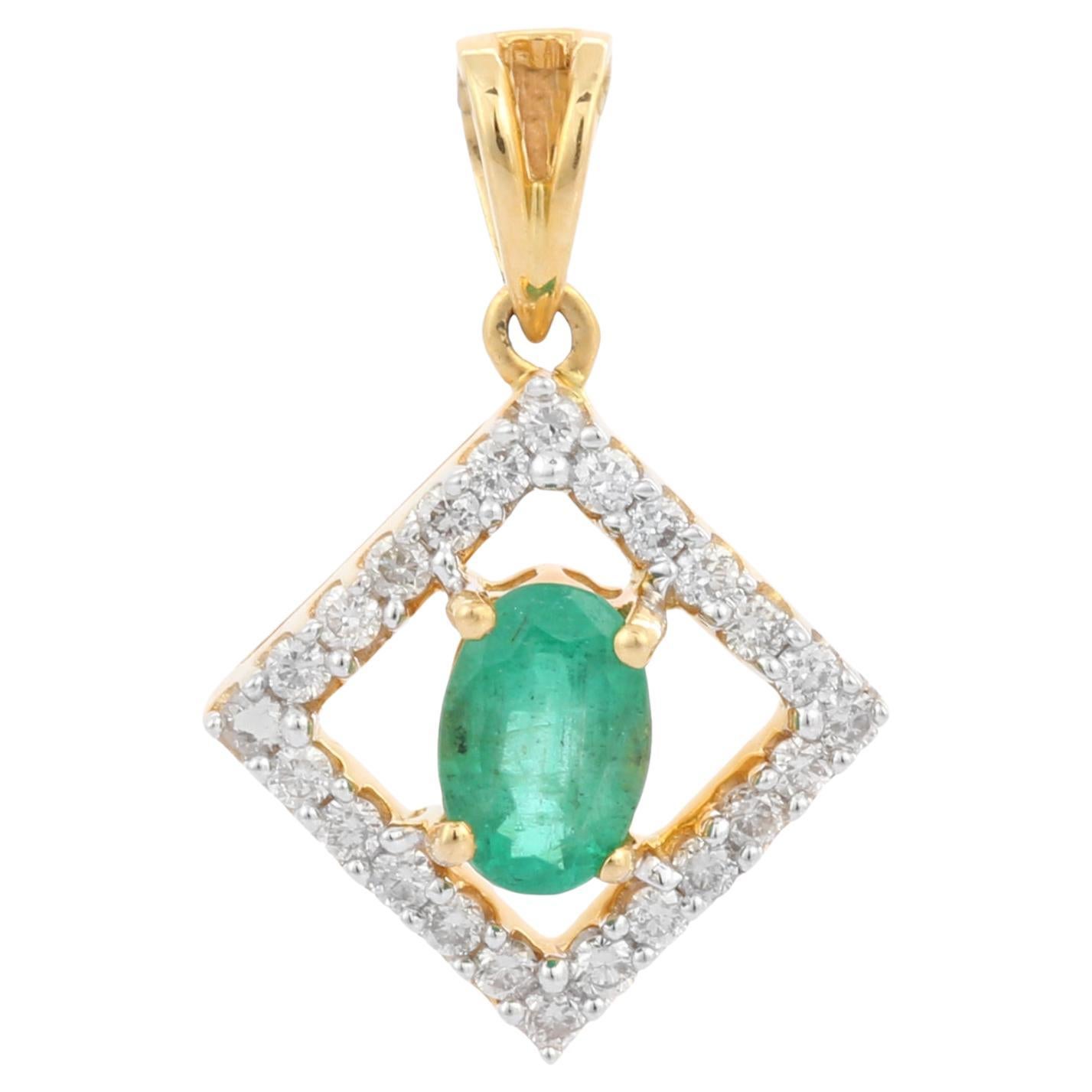 Minimalist 18K Yellow Gold Prong Set Emerald Pendant with Diamonds For Sale