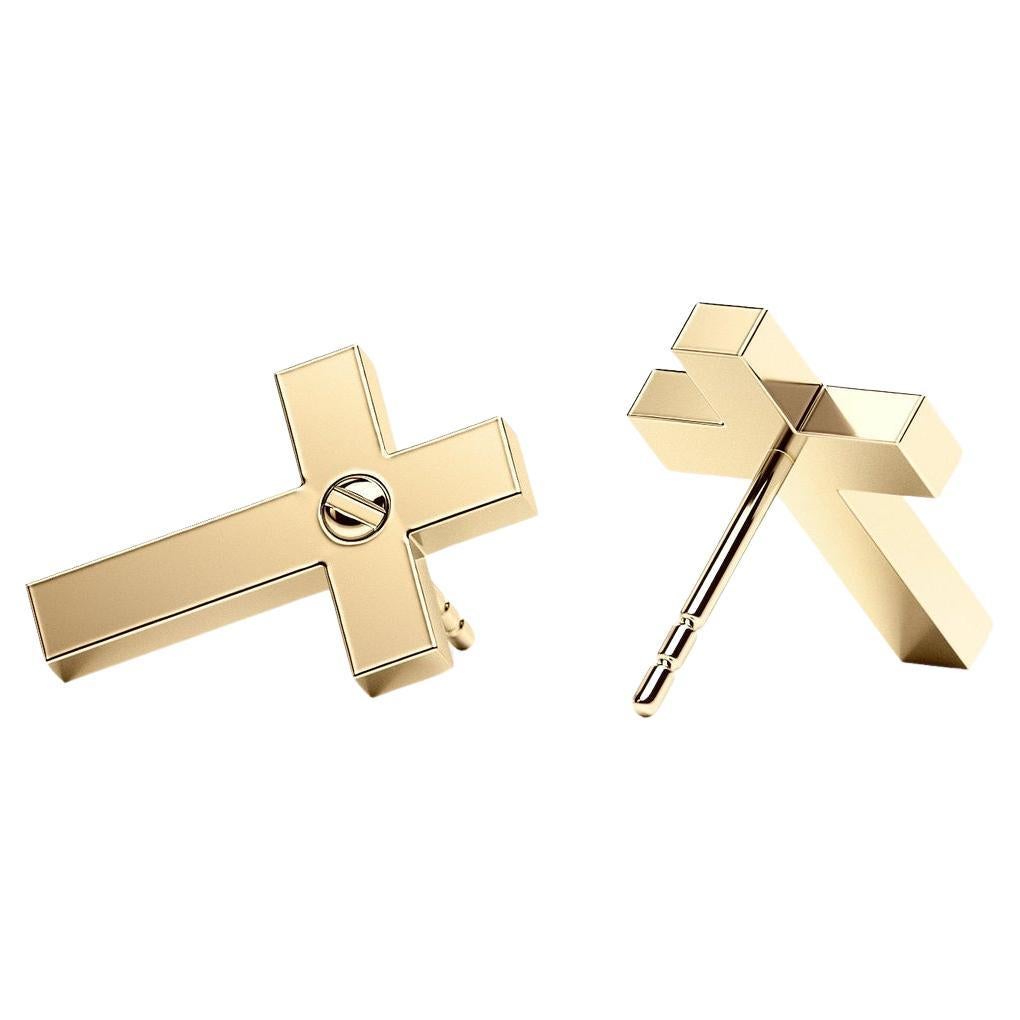 Minimalist 18k Yellow Gold Single Cross Stud Earring for Women and Men For Sale
