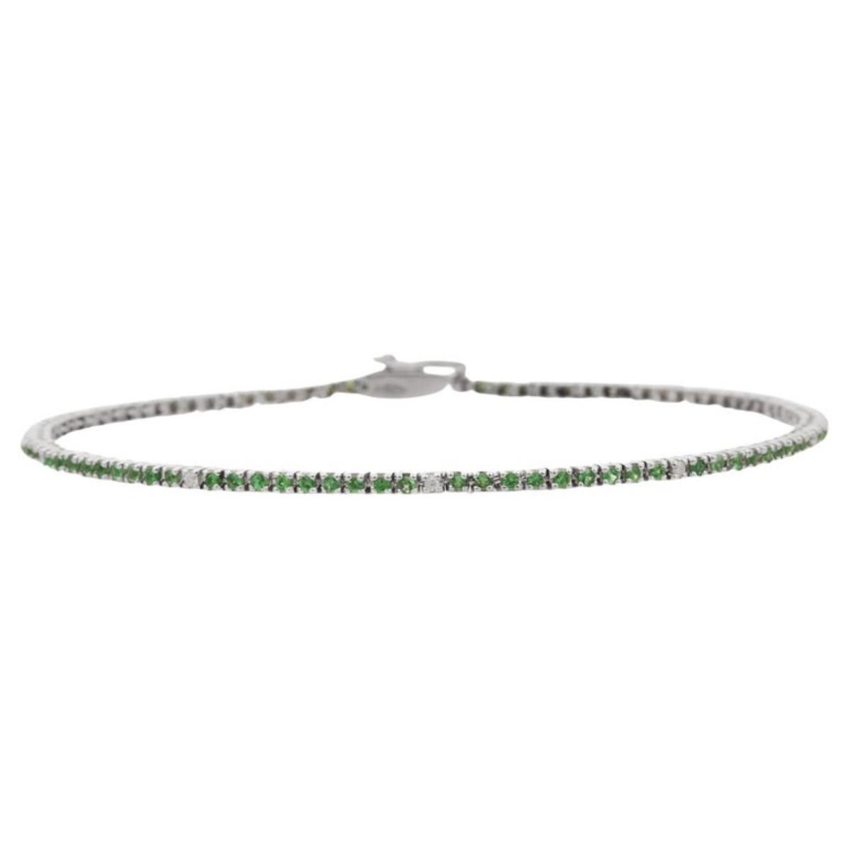 Modern Minimalist 18kt Solid White Gold Diamond Tsavorite Thin Tennis Bracelet For Sale