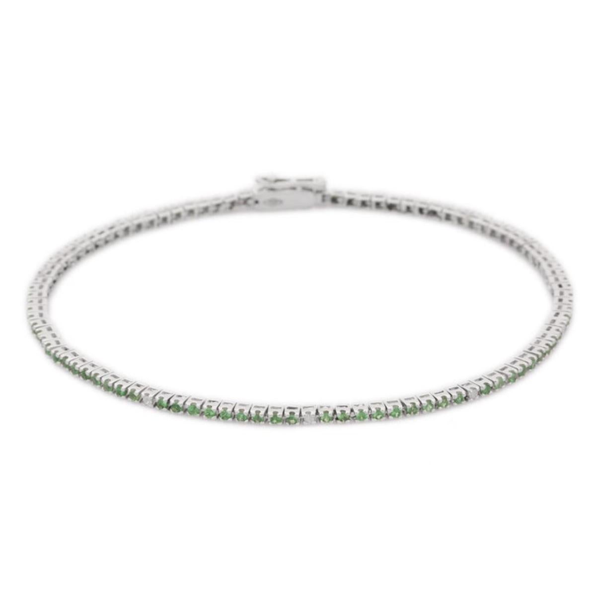 Minimalist 18kt Solid White Gold Diamond Tsavorite Thin Tennis Bracelet For Sale 2