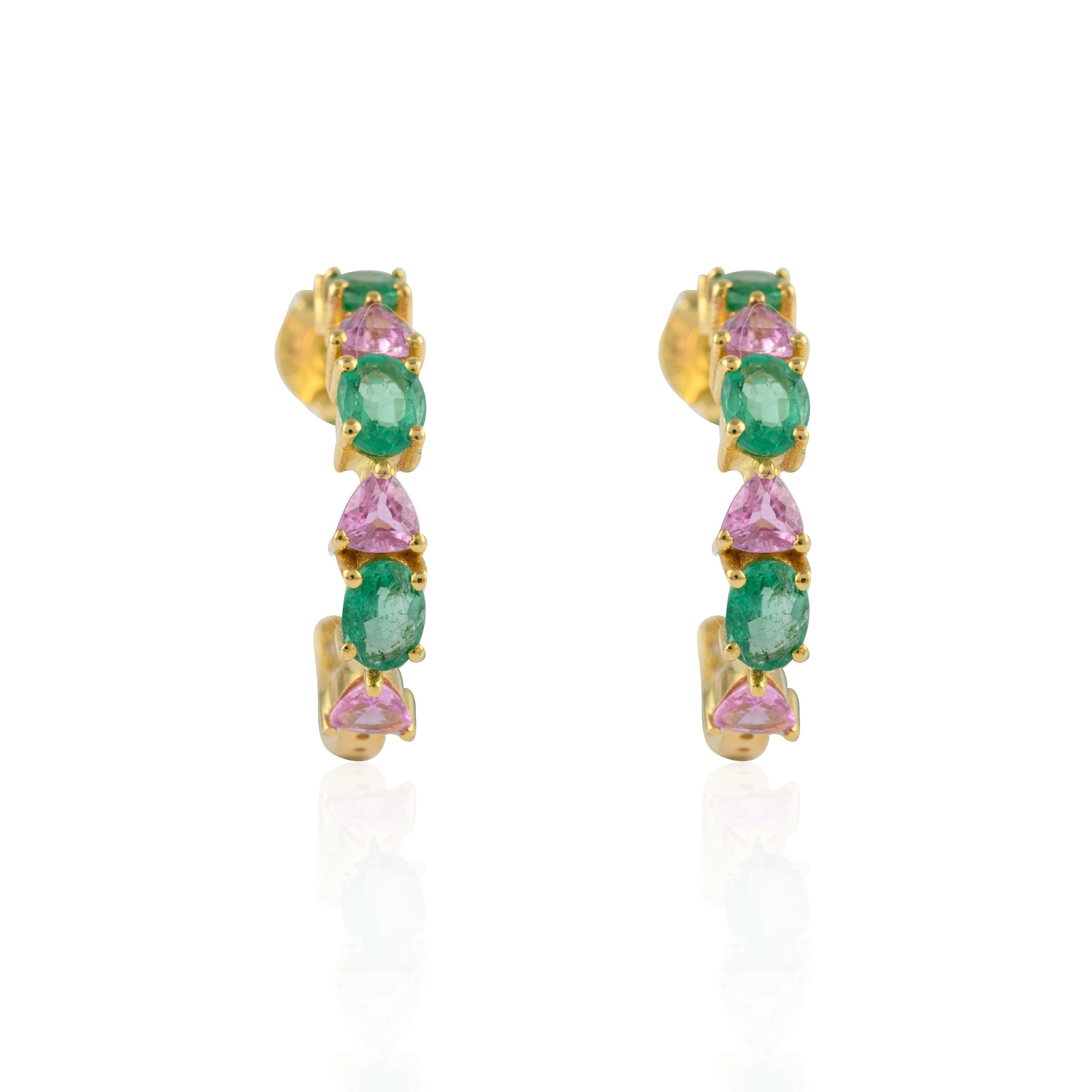 Modernist Minimalist 1.94 Carat Emerald Pink Sapphire Hoops Earring 14k Solid Yellow Gold For Sale