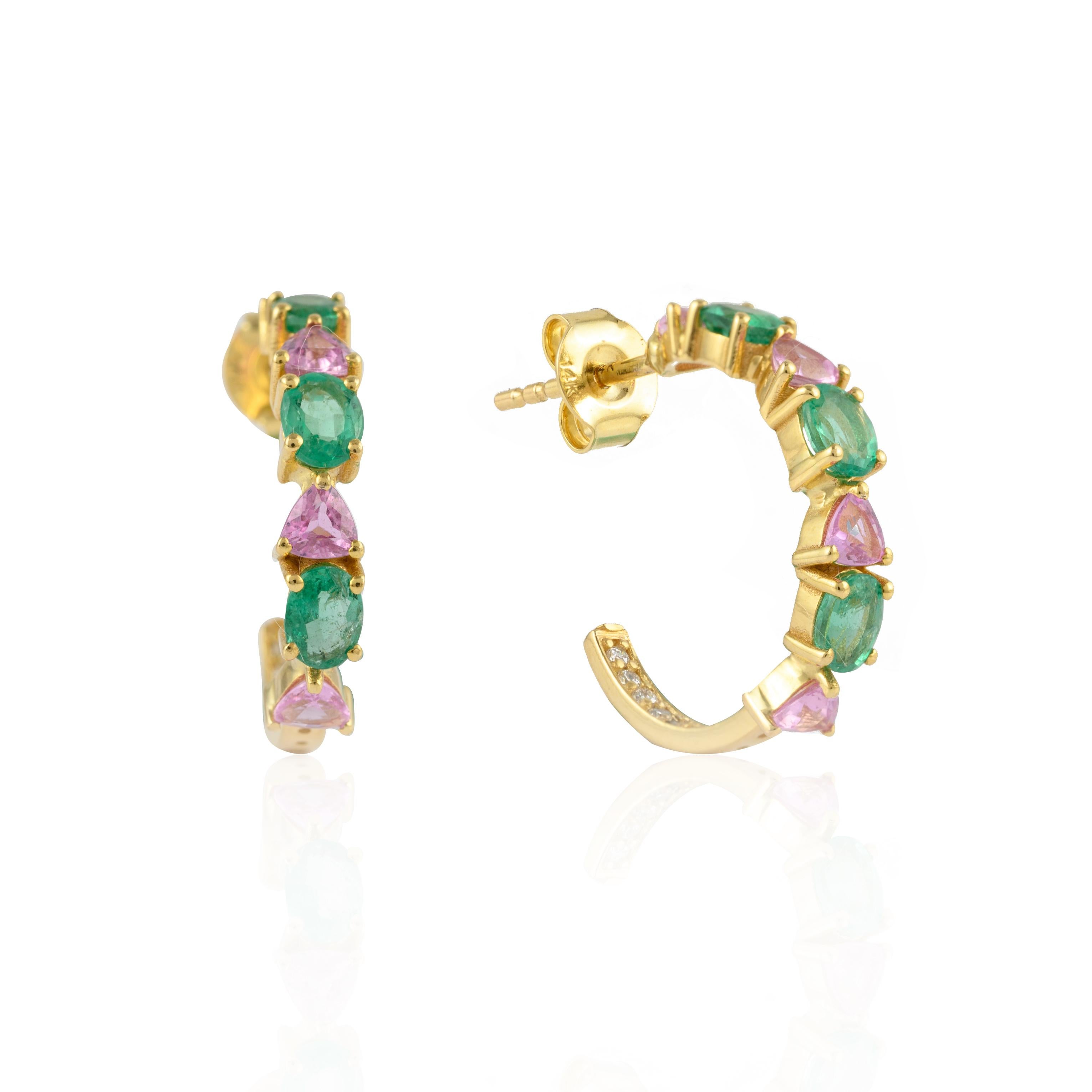Minimalist 1.94 Carat Emerald Pink Sapphire Hoops Earring 14k Solid Yellow Gold In New Condition For Sale In Houston, TX