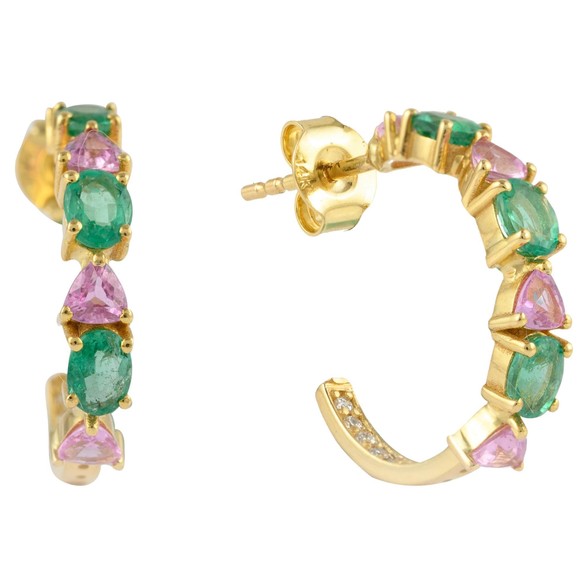 Minimalist 1.94 Carat Emerald Pink Sapphire Hoops Earring 14k Solid Yellow Gold For Sale