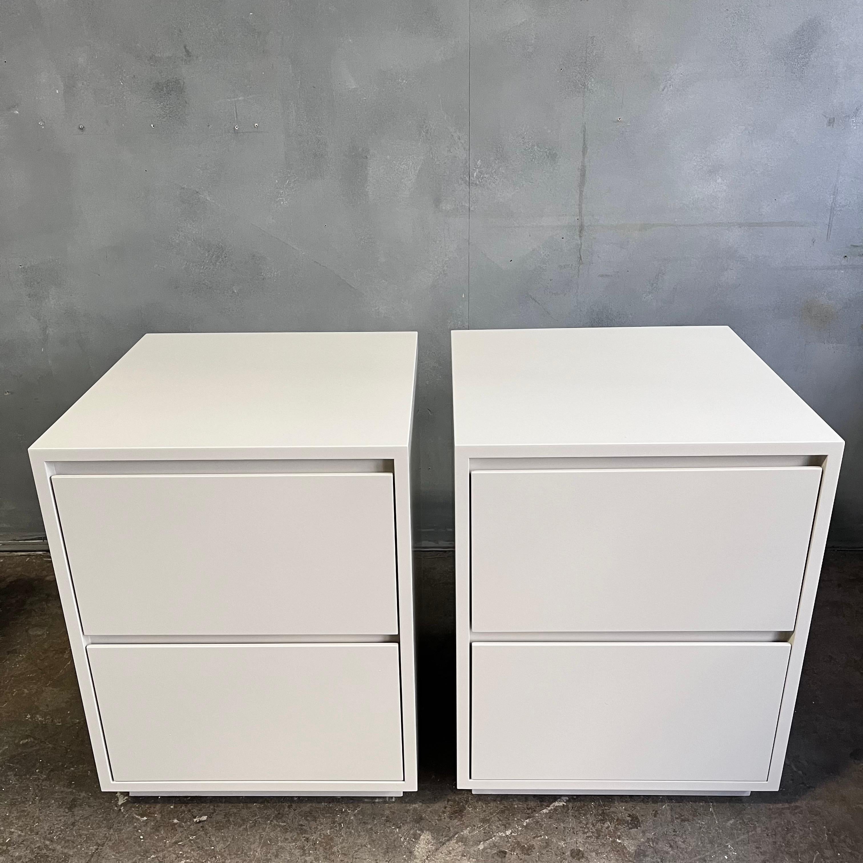 Post-Modern Minimalist 1980's Off-White Taupe Satin Lacquer Night Stands